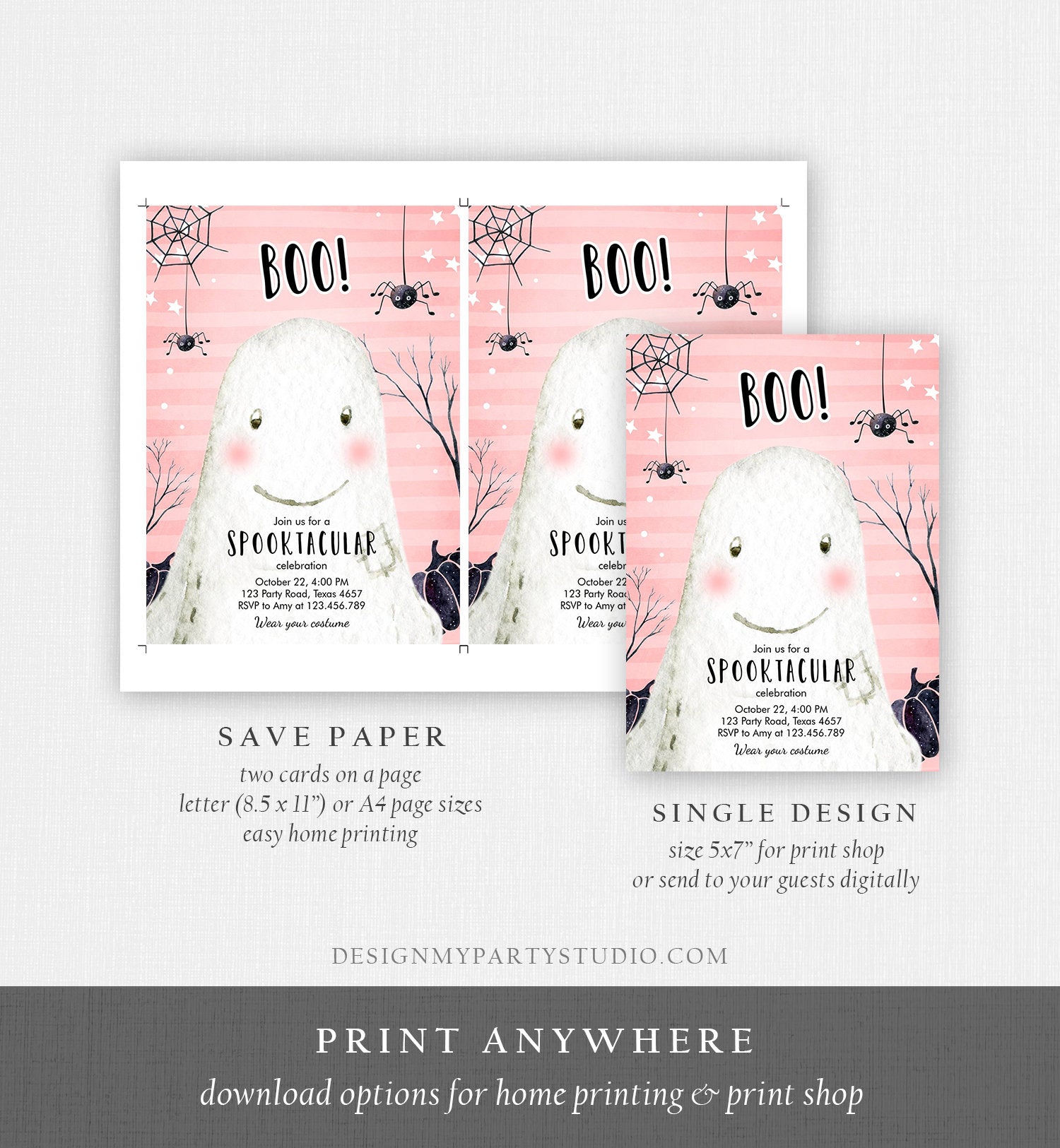 Editable Halloween Birthday Invitation Costume Party Girl Pink Kids Boo Bash Kids Halloween Download Printable Template Corjl 0315