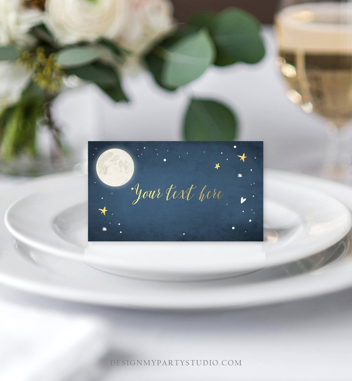 Editable Moon Food Labels Moon Place Card Twinkle Little Star Baby shower Navy Gold Tent Card Buffet Card To The Moon Printable Corjl 0017