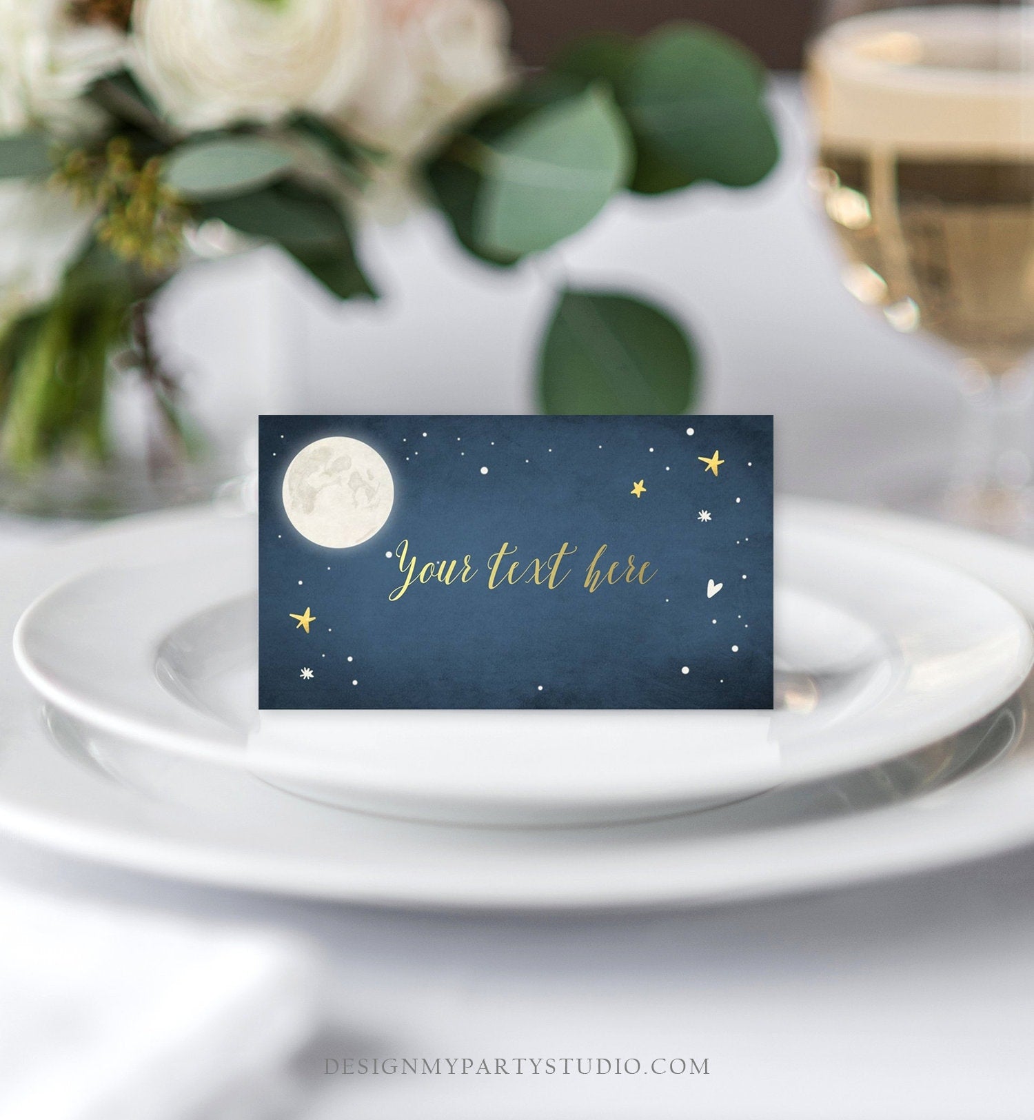 Editable Moon Food Labels Moon Place Card Twinkle Little Star Baby shower Navy Gold Tent Card Buffet Card To The Moon Printable Corjl 0017