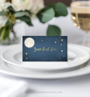 Editable Moon Food Labels Moon Place Card Twinkle Little Star Baby shower Navy Gold Tent Card Buffet Card To The Moon Printable Corjl 0017