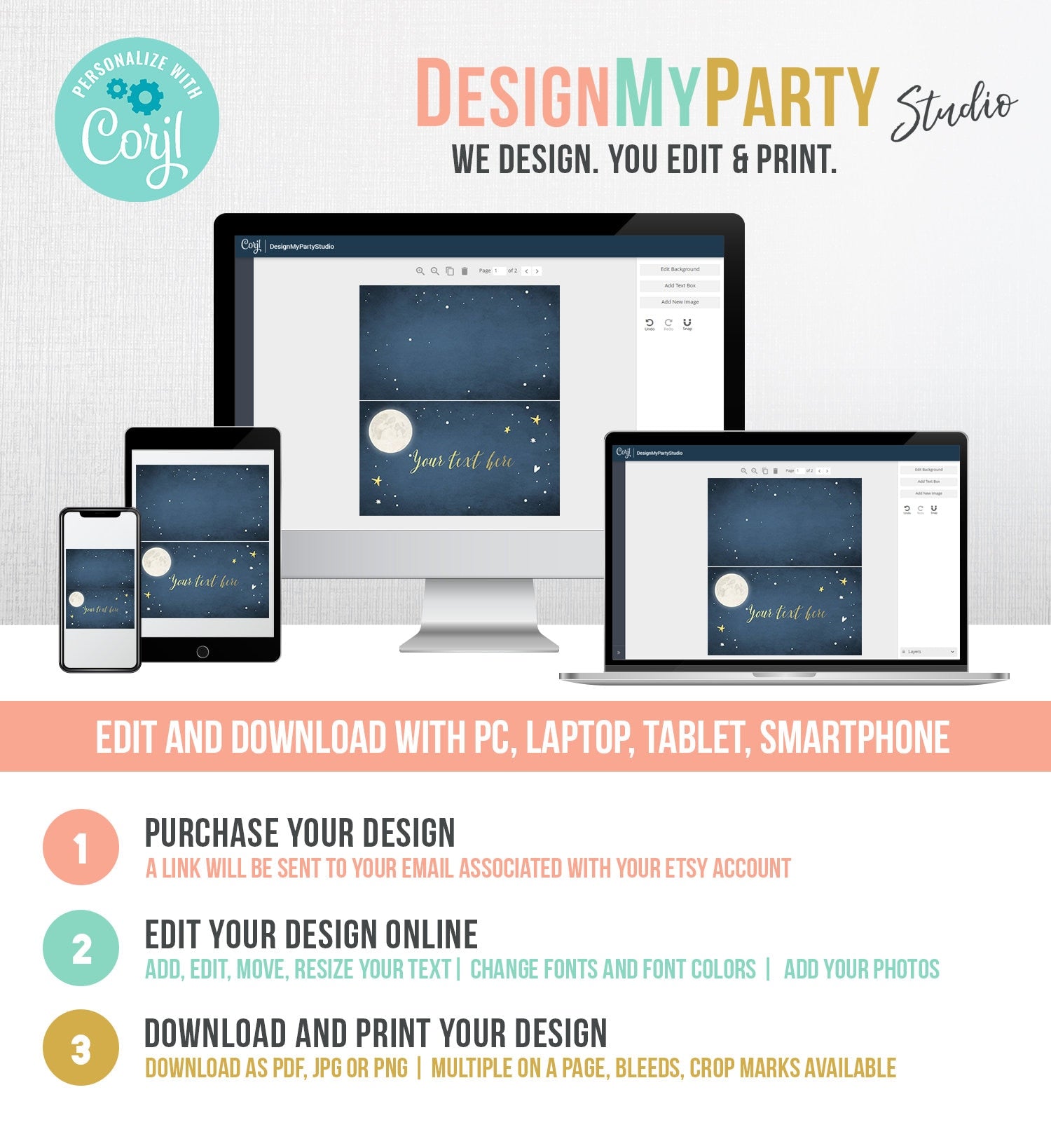 Editable Moon Food Labels Moon Place Card Twinkle Little Star Baby shower Navy Gold Tent Card Buffet Card To The Moon Printable Corjl 0017