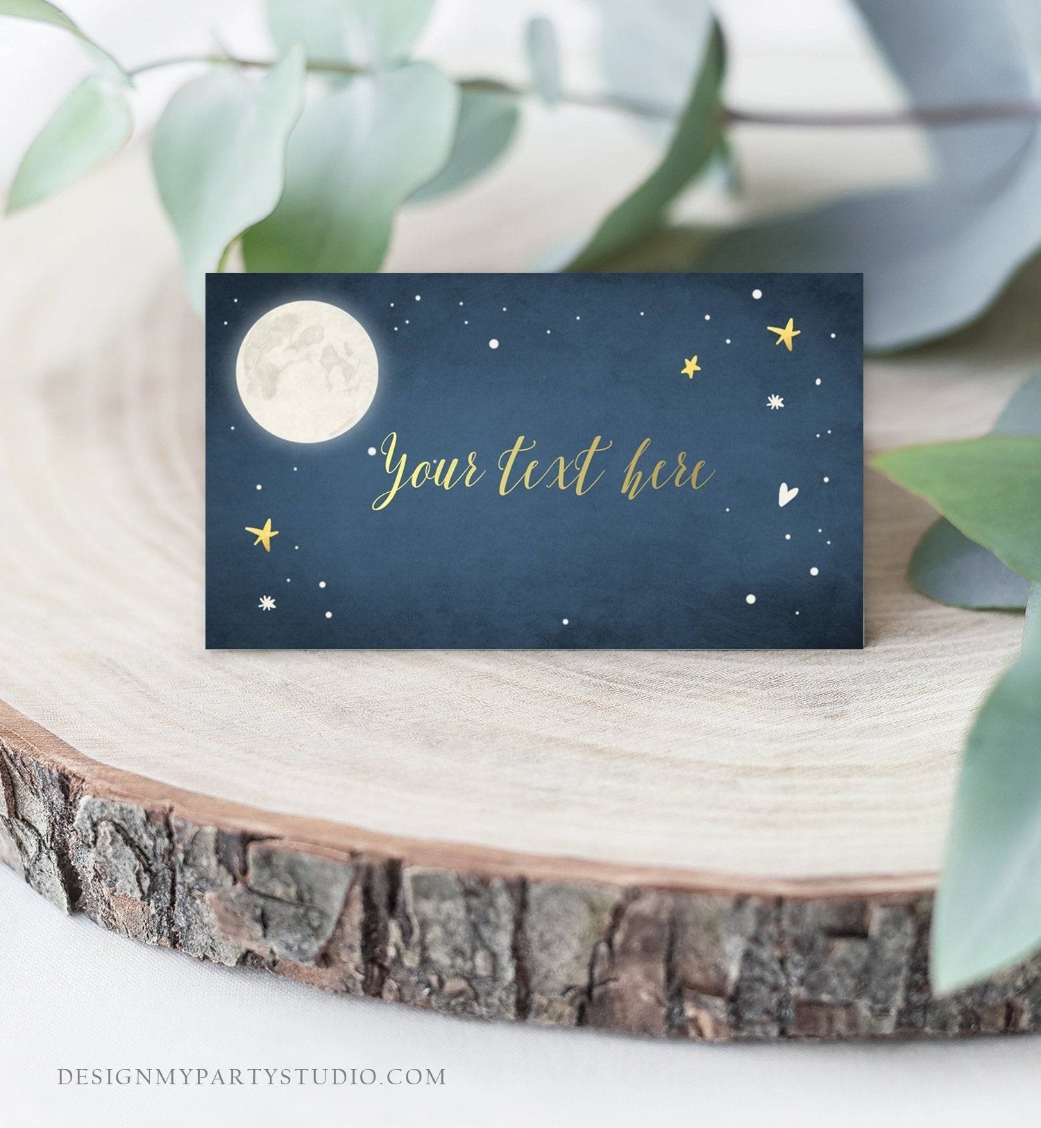 Editable Moon Food Labels Moon Place Card Twinkle Little Star Baby shower Navy Gold Tent Card Buffet Card To The Moon Printable Corjl 0017