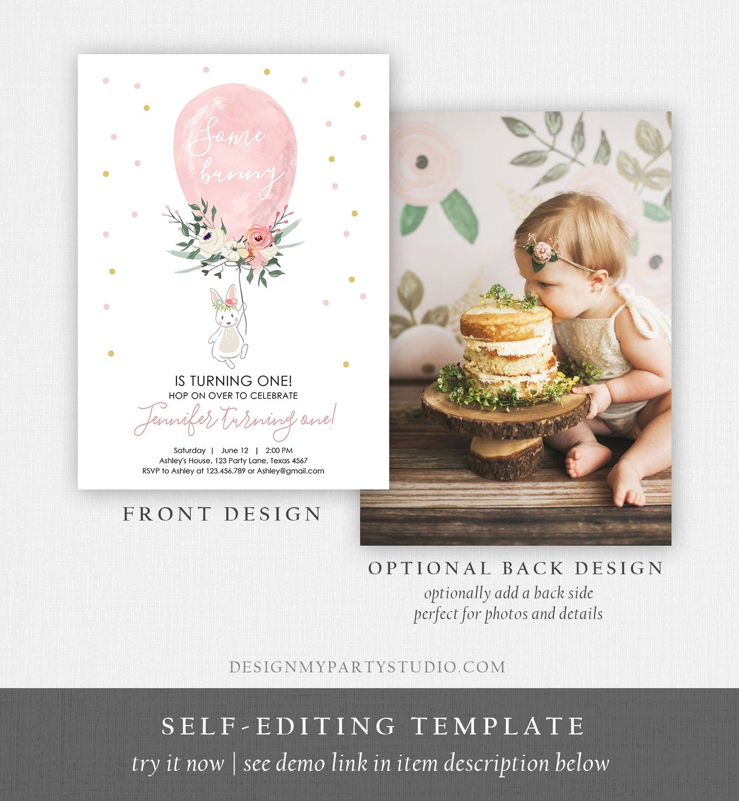 Editable Some Bunny Birthday Invitation Balloon Girl First Birthday 1st Party Floral Pink Gold Download Corjl Template Printable 0221