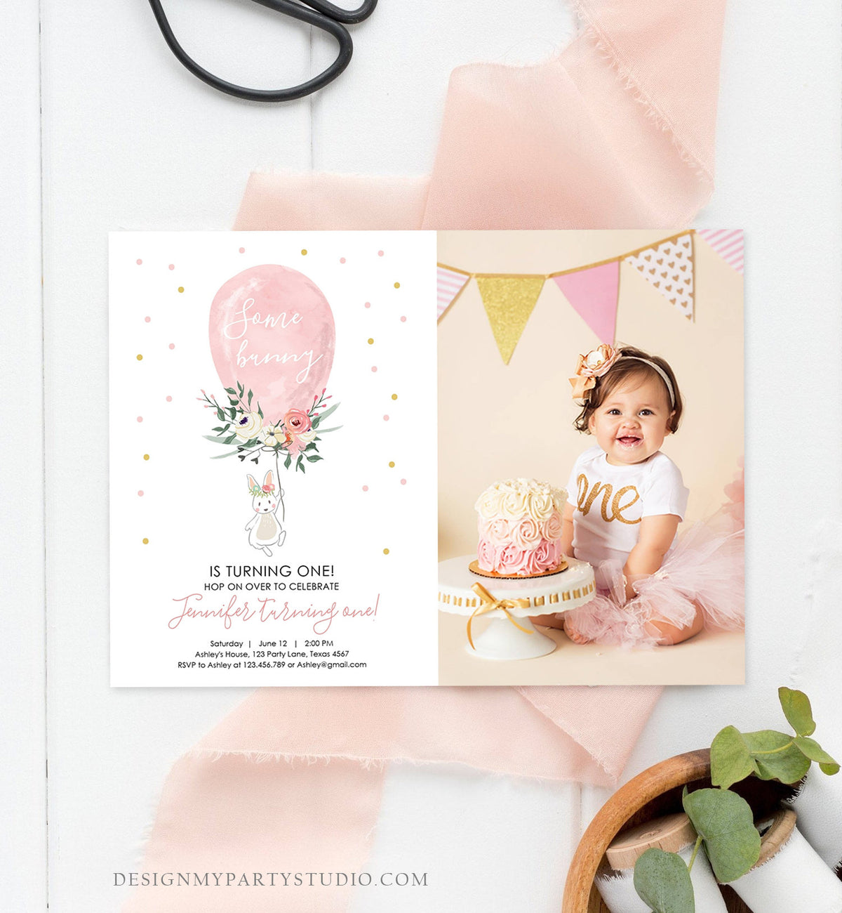 Editable Some Bunny Birthday Invitation Balloon Girl First Birthday 1st Party Floral Pink Gold Download Corjl Template Printable 0221