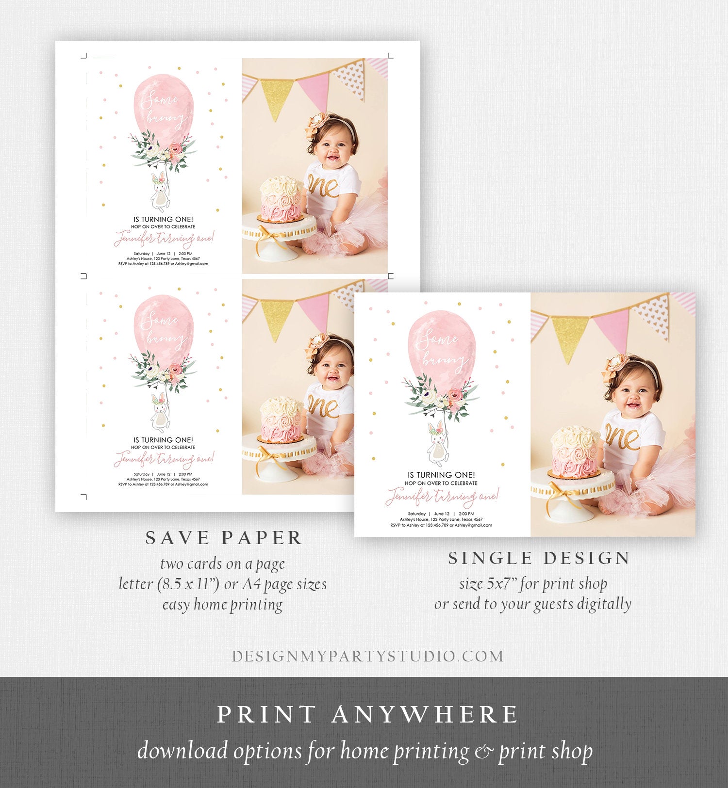 Editable Some Bunny Birthday Invitation Balloon Girl First Birthday 1st Party Floral Pink Gold Download Corjl Template Printable 0221