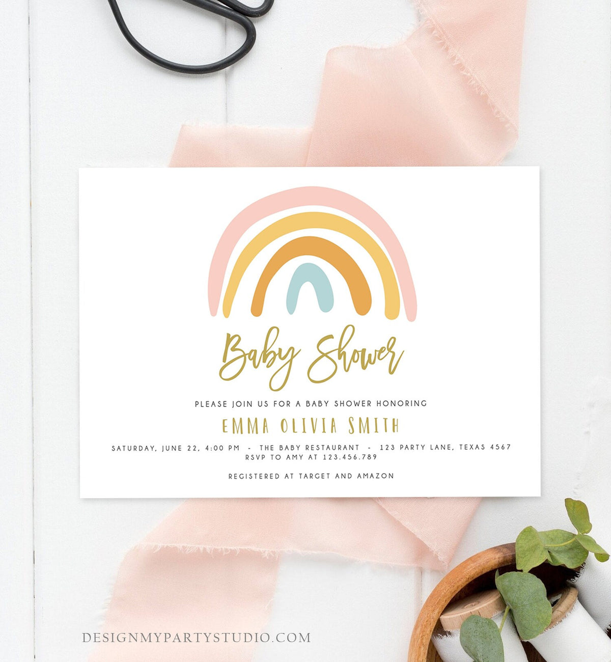 Editable Rainbow Baby Shower Invitation Muted Rainbow Invitation Gender Neutral Pastel Birthday Pink Girl Bow Download Corjl Template 0331
