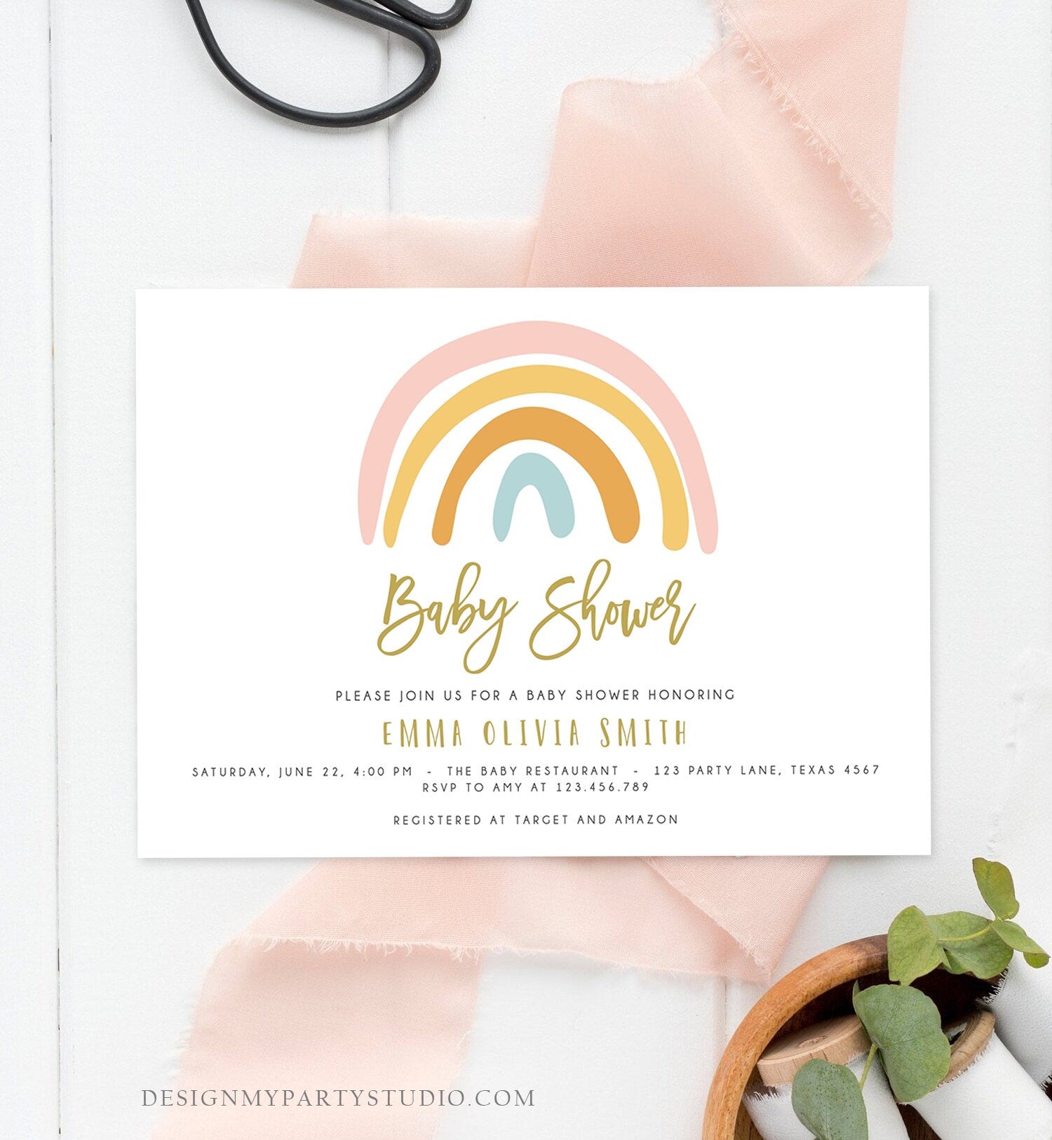 Editable Rainbow Baby Shower Invitation Muted Rainbow Invitation Gender Neutral Pastel Birthday Pink Girl Bow Download Corjl Template 0331