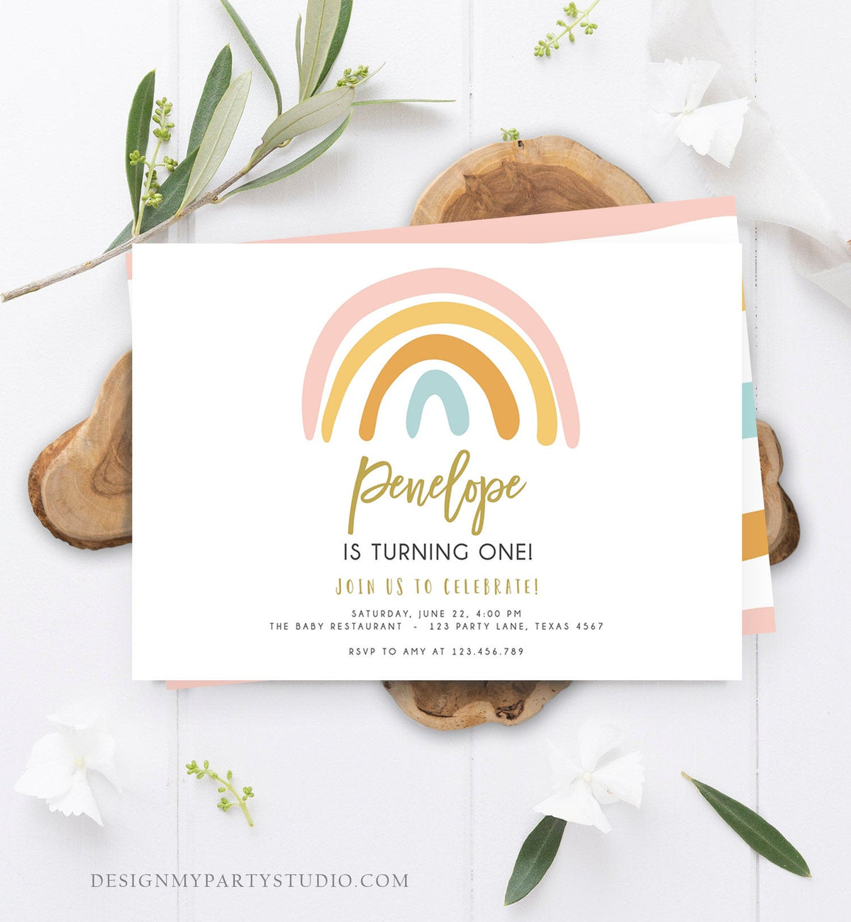 Editable Rainbow Birthday Invitation Muted Rainbow Invitation Pastel 1st Birthday Pink Girl Any Age First Bday Download Corjl Template 0331