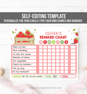 Editable Strawberry Reward Chart Daily Routine Chart for Kids Red Pink Green Sweet Little Girl Chore Chart Printable Template Corjl 0091
