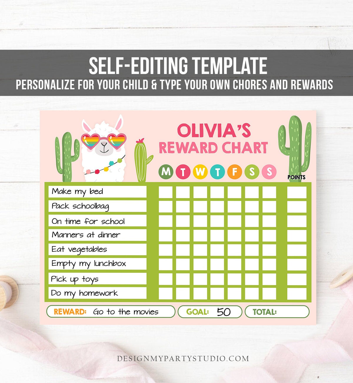 Editable Kids Chore Chart Reward Chart Llama for Kids Chores Responsibility Chart Girl Fillable Chore Chart Printable Template Corjl 0079