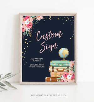 Editable Custom Sign Floral Travel Adventure Bridal Shower Traveling Miss to Mrs Flowers Pink Gold Navy Blue Corjl Template Printable 0030