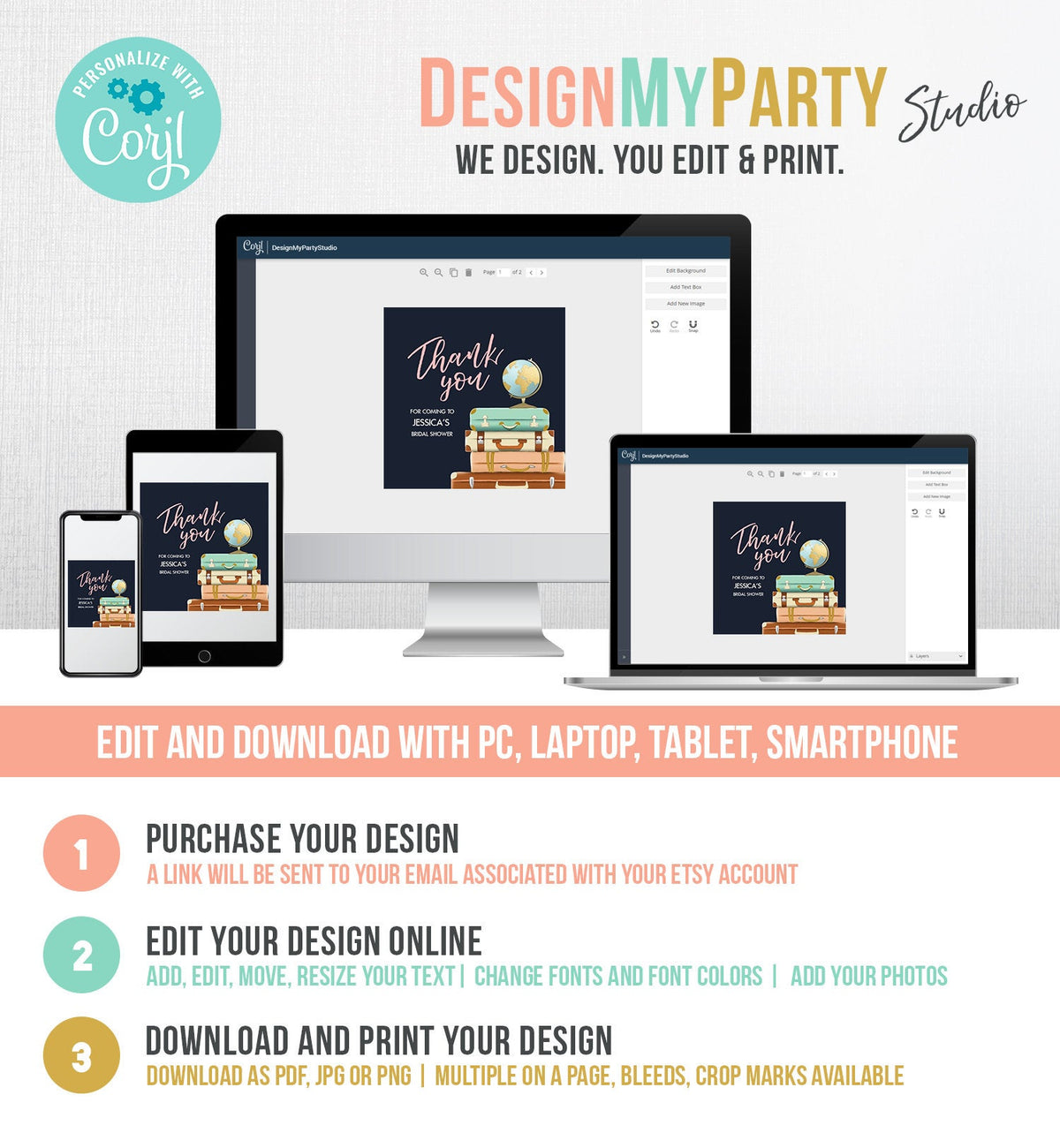 Editable Travel Thank You Tags Miss to Mrs Bridal Shower Favor Labels Navy Blue Pink Adventure Round Stickers Suitcases Template Corjl 0030