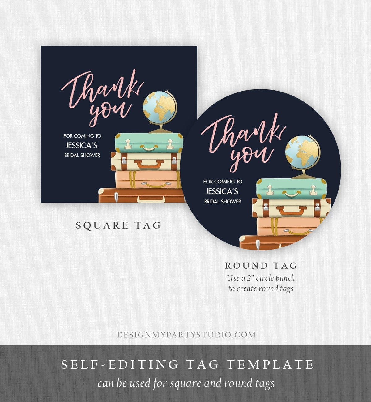 Editable Travel Thank You Tags Miss to Mrs Bridal Shower Favor Labels Navy Blue Pink Adventure Round Stickers Suitcases Template Corjl 0030