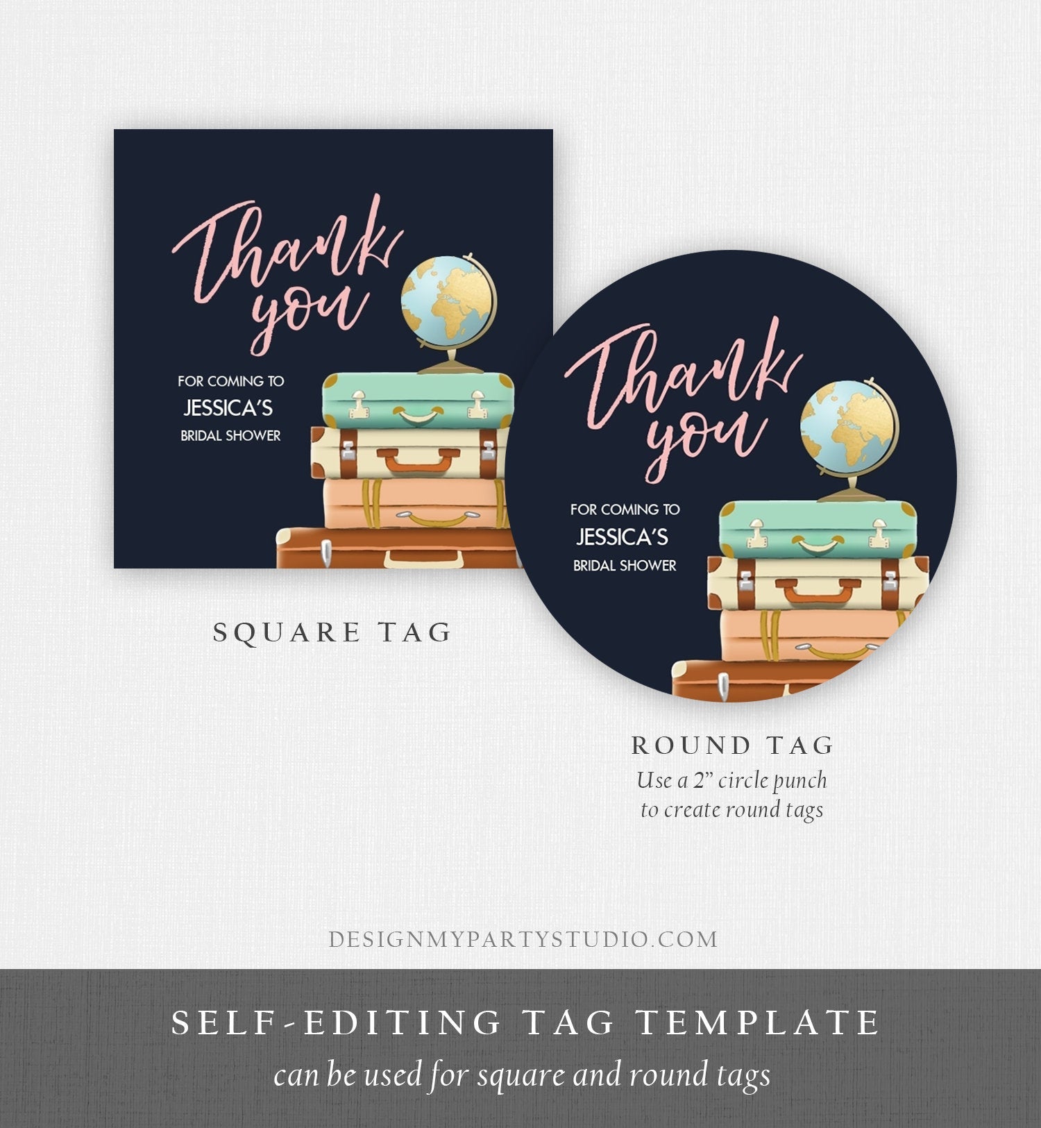 Editable Travel Thank You Tags Miss to Mrs Bridal Shower Favor Labels Navy Blue Pink Adventure Round Stickers Suitcases Template Corjl 0030
