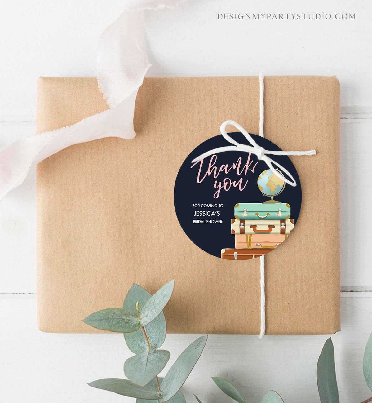 Editable Travel Thank You Tags Miss to Mrs Bridal Shower Favor Labels Navy Blue Pink Adventure Round Stickers Suitcases Template Corjl 0030