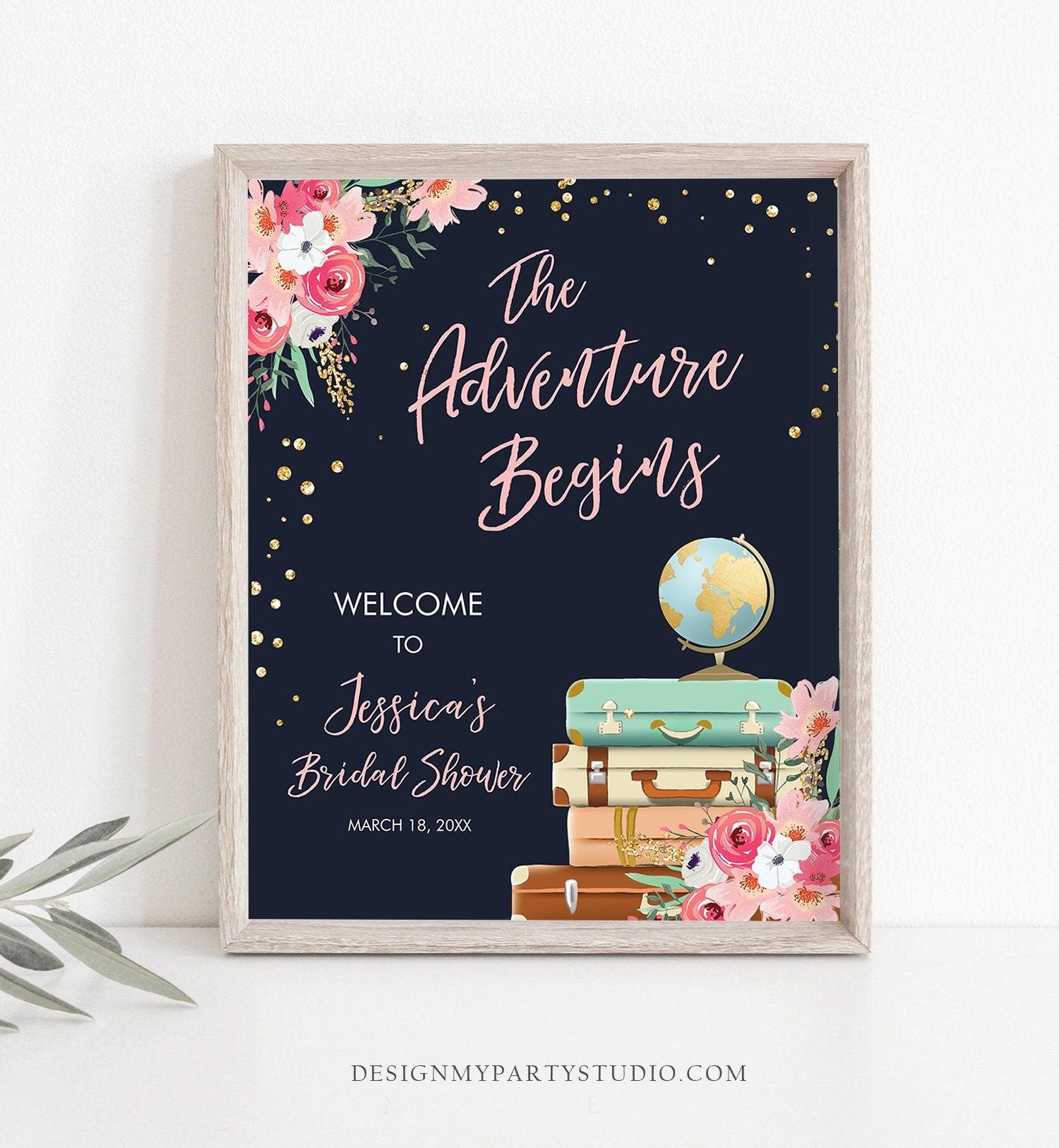 Editable Adventure Begins Welcome Sign Bridal Shower Traveling From Miss to Mrs Adventure Baby Navy Blue Floral Pink Corjl Template 0030