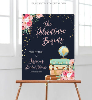 Editable Adventure Begins Welcome Sign Bridal Shower Traveling From Miss to Mrs Adventure Baby Navy Blue Floral Pink Corjl Template 0030