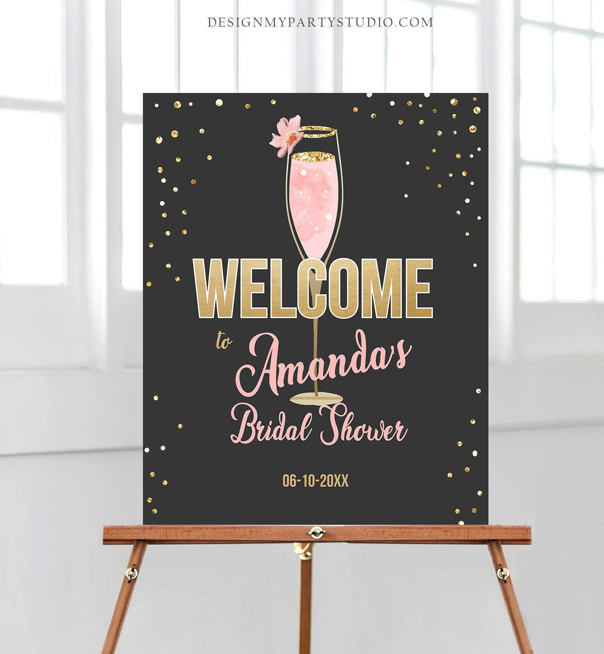 Editable Brunch and Bubbly Welcome Sign Bridal Shower Floral Champagne Gold Pink Wedding Shower Welcome Sign Digital Corjl Template 0150