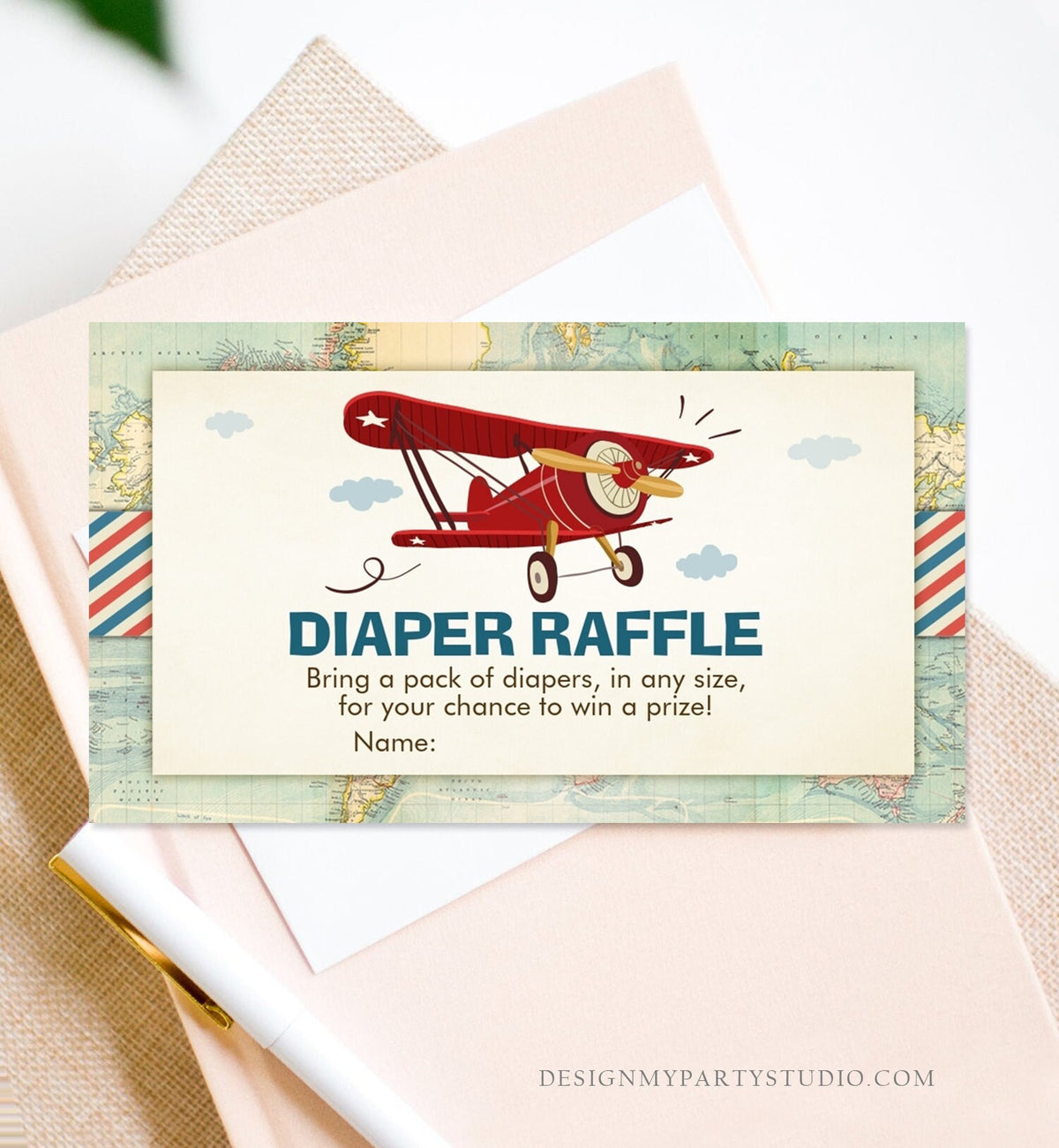 Editable Diaper Raffle Ticket Airplane Baby Shower Travel Adventure Diaper Game Red Plane Diaper Ticket Game Corjl Template Printable 0011