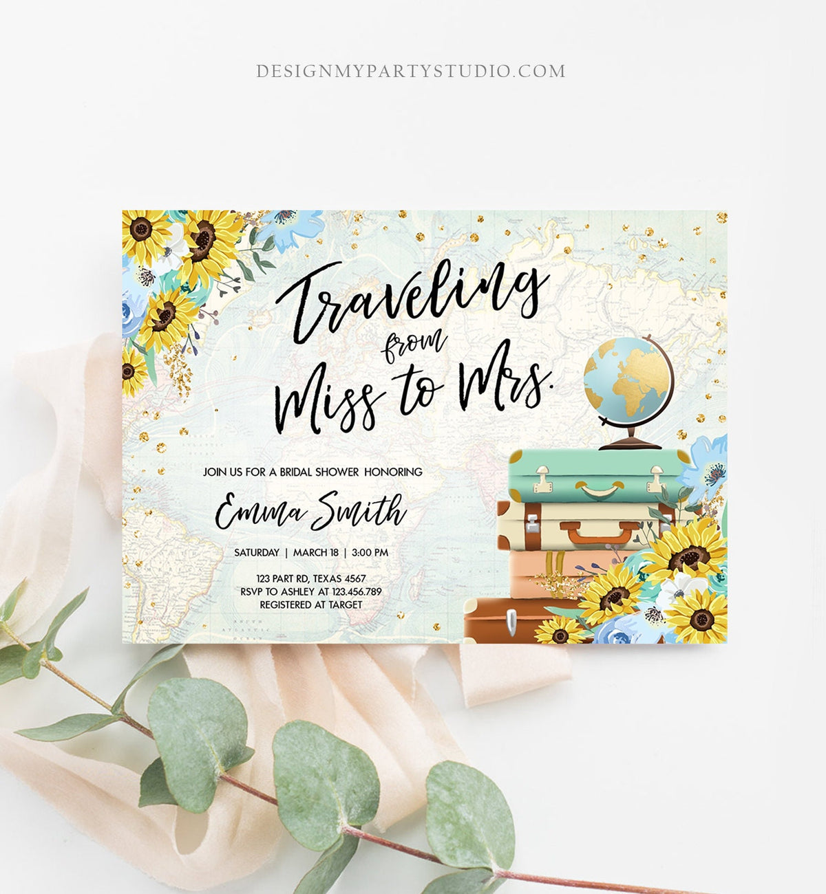 Editable Miss to Mrs Travel Bridal Shower Invitation Sunflowers Globe Suitcase Gold Confetti Traveling Blue Floral Corjl Template 0030
