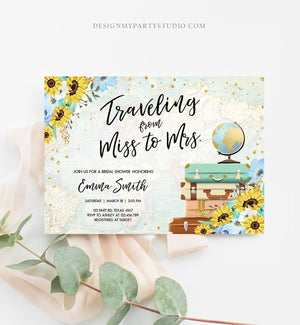 Editable Miss to Mrs Travel Bridal Shower Invitation Sunflowers Globe Suitcase Gold Confetti Traveling Blue Floral Corjl Template 0030