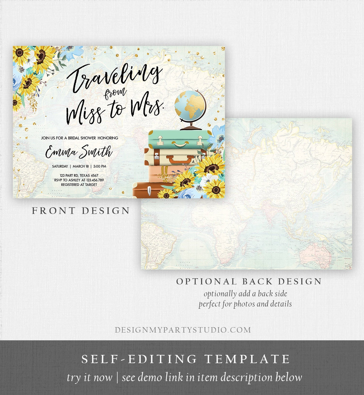 Editable Miss to Mrs Travel Bridal Shower Invitation Sunflowers Globe Suitcase Gold Confetti Traveling Blue Floral Corjl Template 0030
