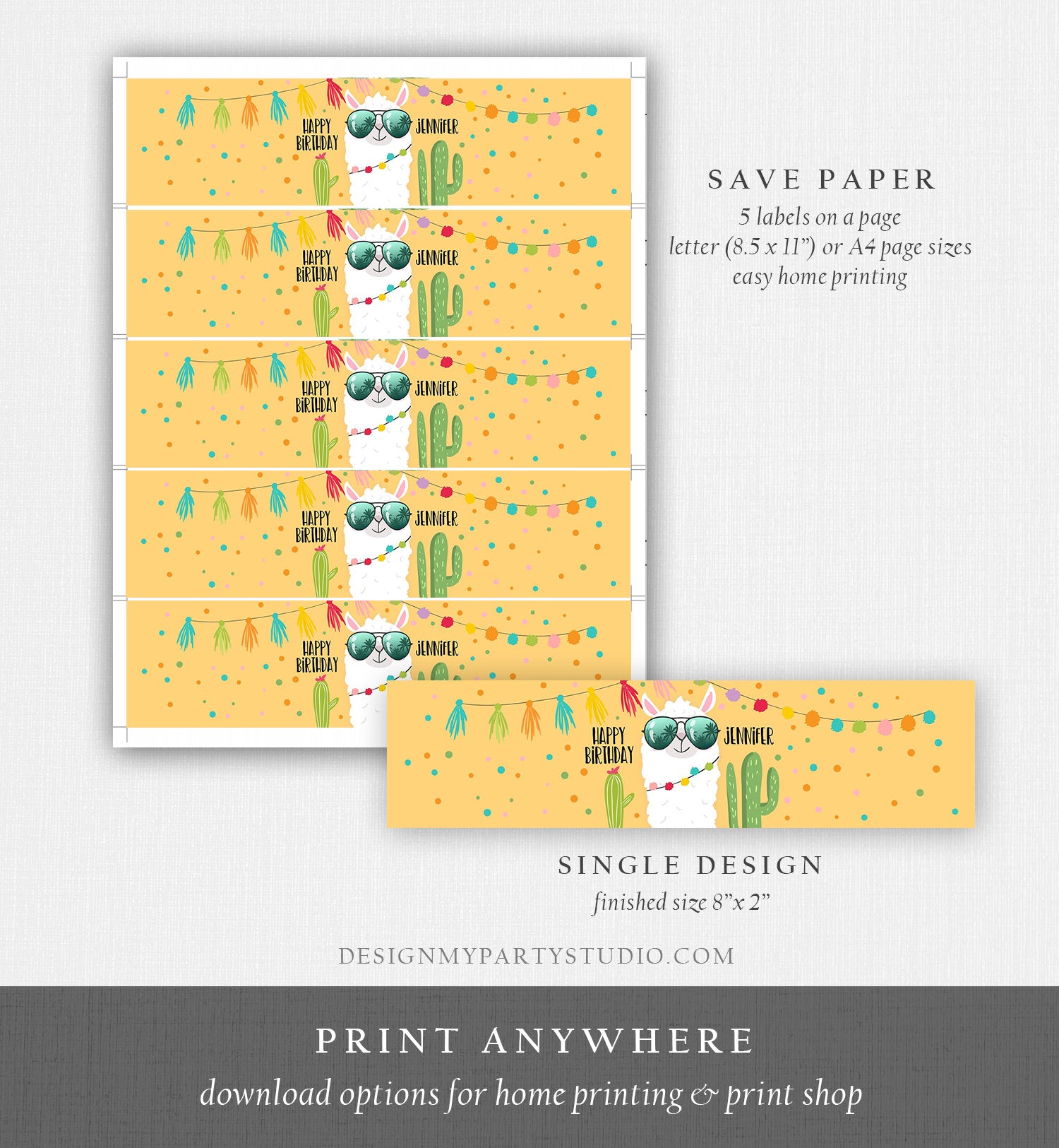 Editable Water Bottle Labels Llama Birthday Cactus Yellow Succulent Fiesta Mexican Printable Bottle Labels Printable Template Corjl 0079