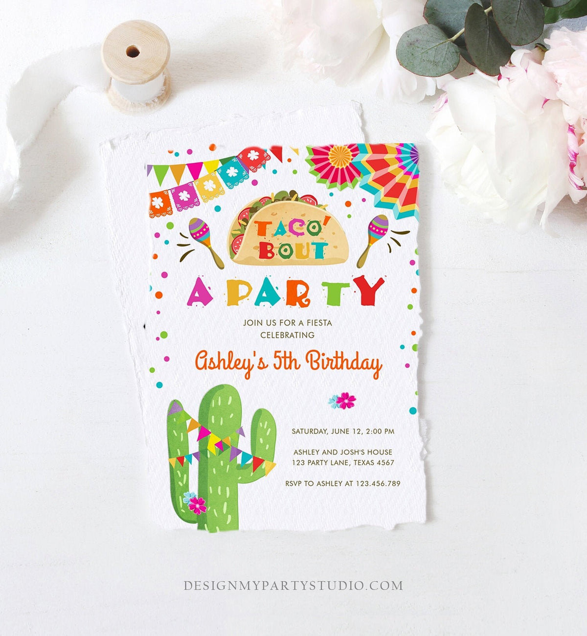 Editable Taco Bout a Party Birthday Invitation Fiesta Cactus Mexican No Time to Siesta Let&#39;s Fiesta Samba Corjl Template Printable 0045