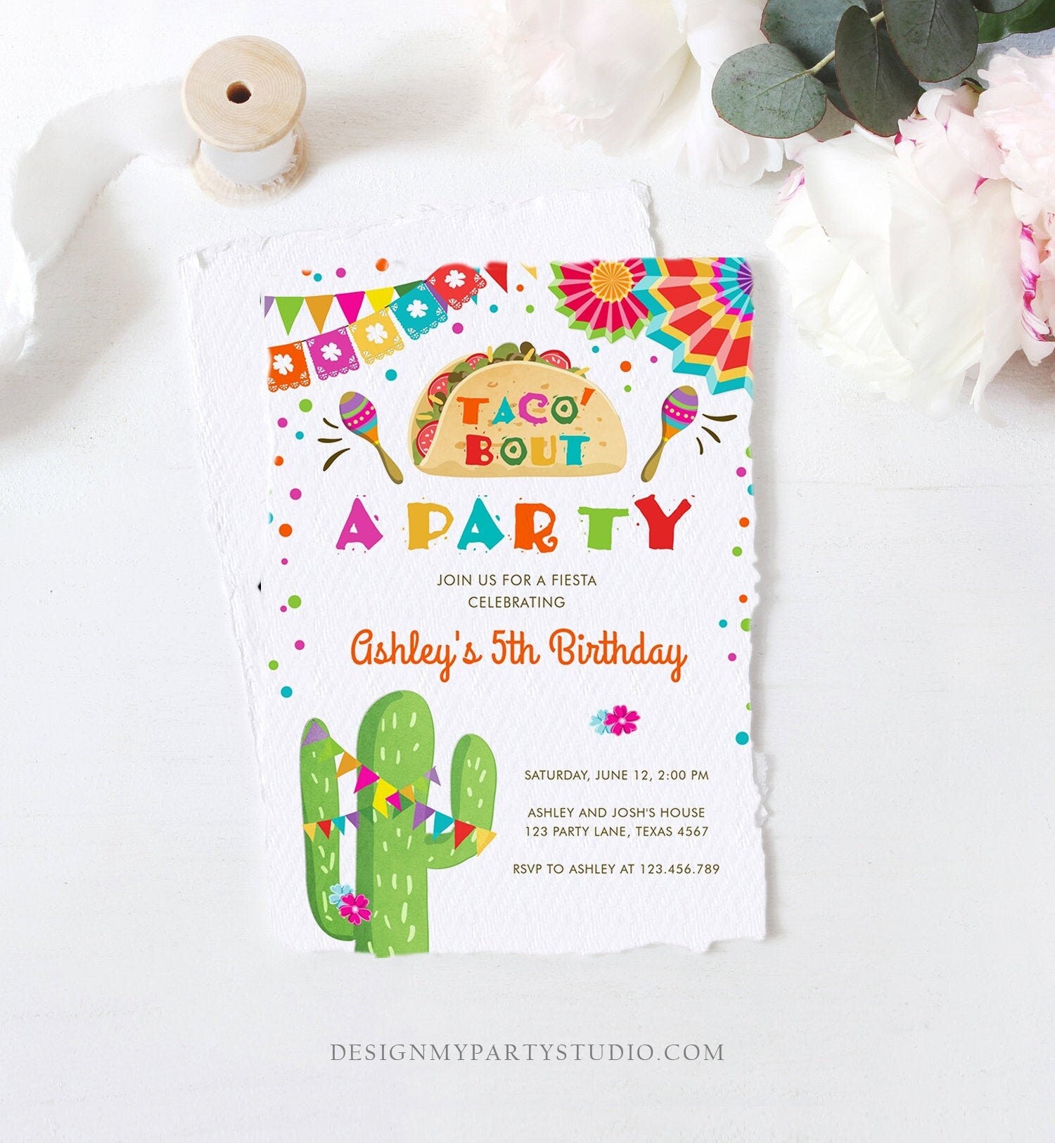 Editable Taco Bout a Party Birthday Invitation Fiesta Cactus Mexican No Time to Siesta Let's Fiesta Samba Corjl Template Printable 0045