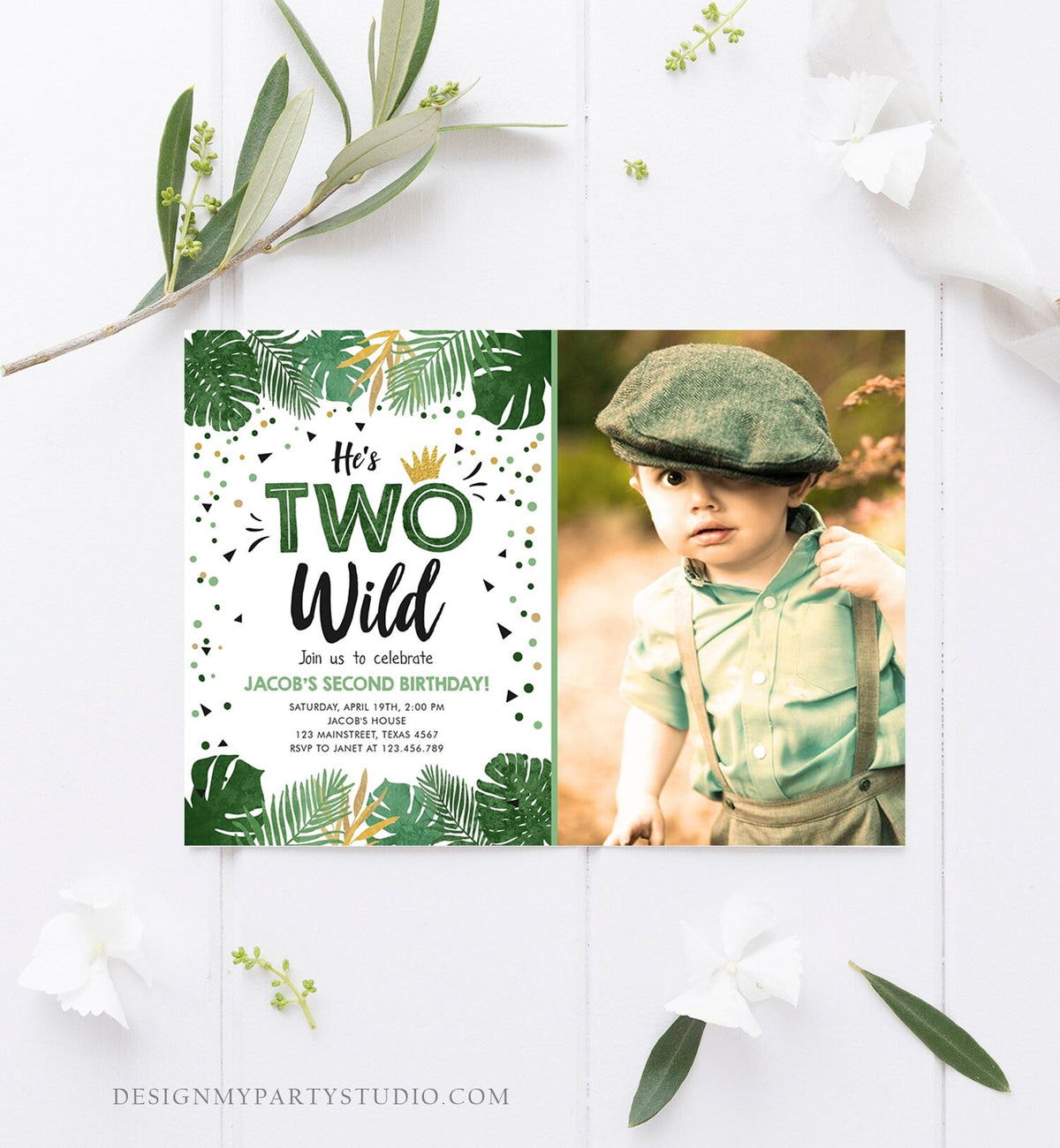 Editable Two Wild Birthday Invitation Boy Tropical Safari Boy Gold Jungle Second Birthday 2nd Download Corjl Template Printable 0332