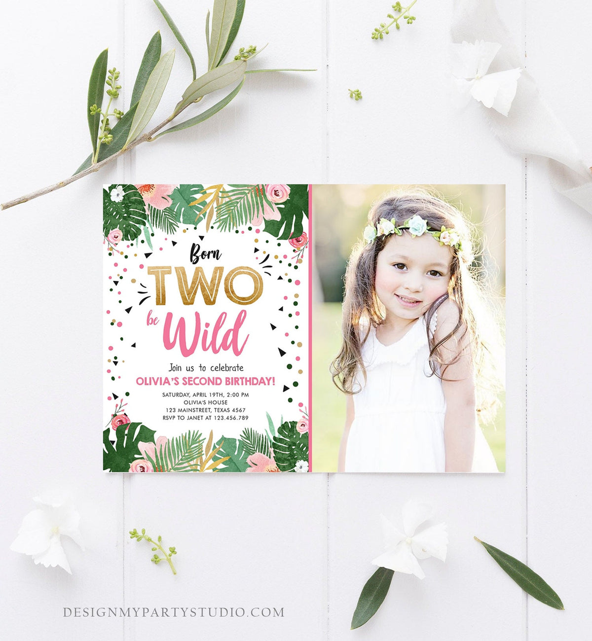 Editable Born Two be Wild Birthday Invitation Girl Tropical Safari Pink Gold Second Birthday 2nd Download Corjl Template Printable 0332