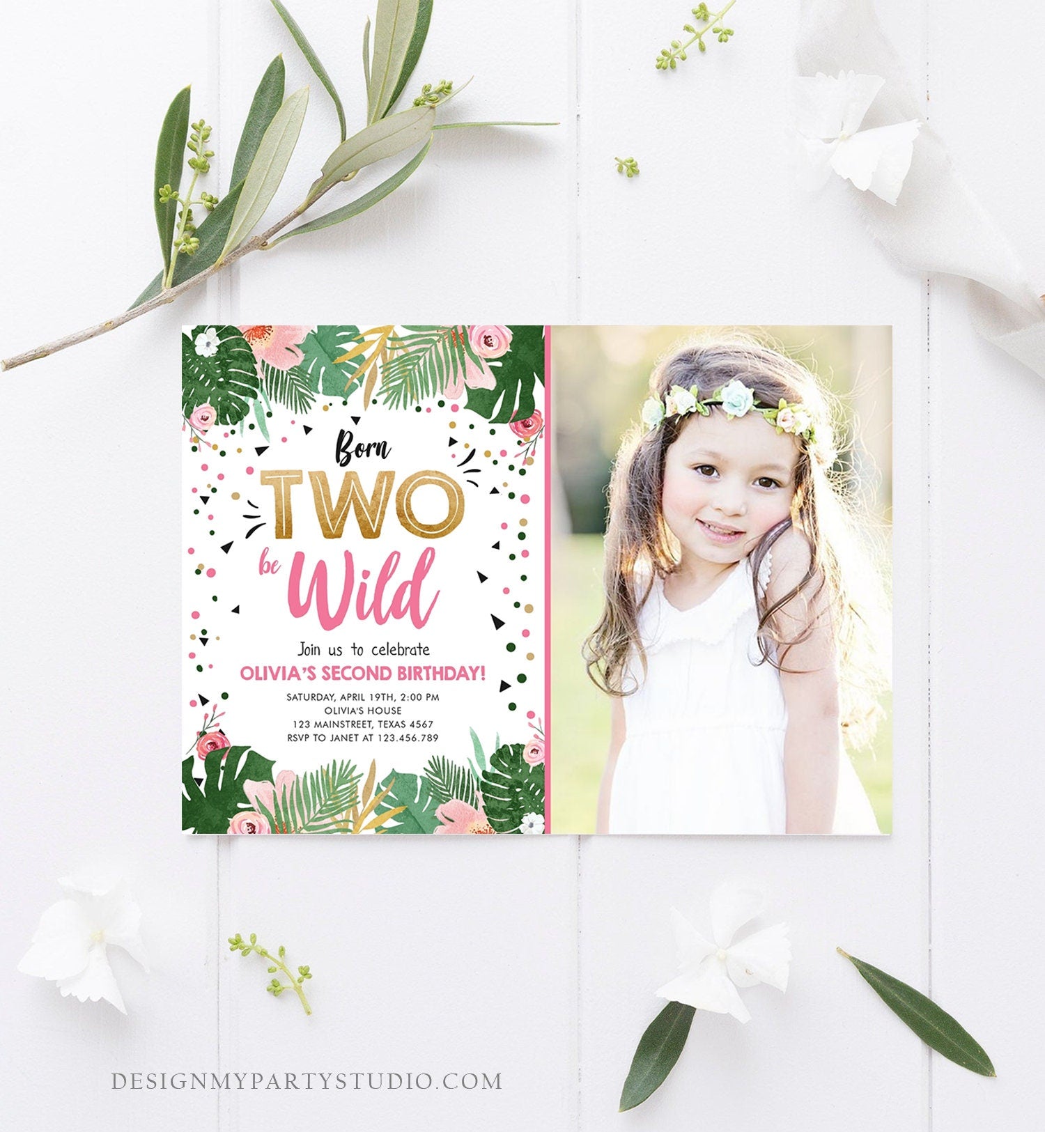Editable Born Two be Wild Birthday Invitation Girl Tropical Safari Pink Gold Second Birthday 2nd Download Corjl Template Printable 0332