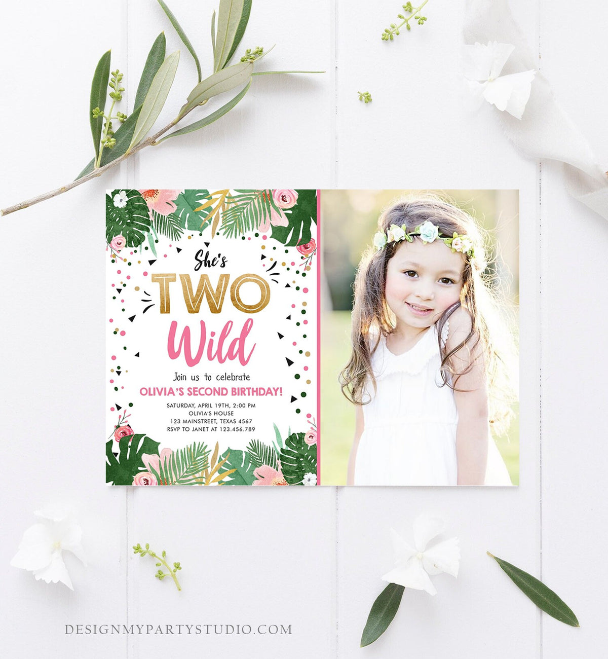 Editable Two Wild Birthday Invitation Girl Tropical Safari Pink Gold Jungle Second Birthday 2nd Download Corjl Template Printable 0332