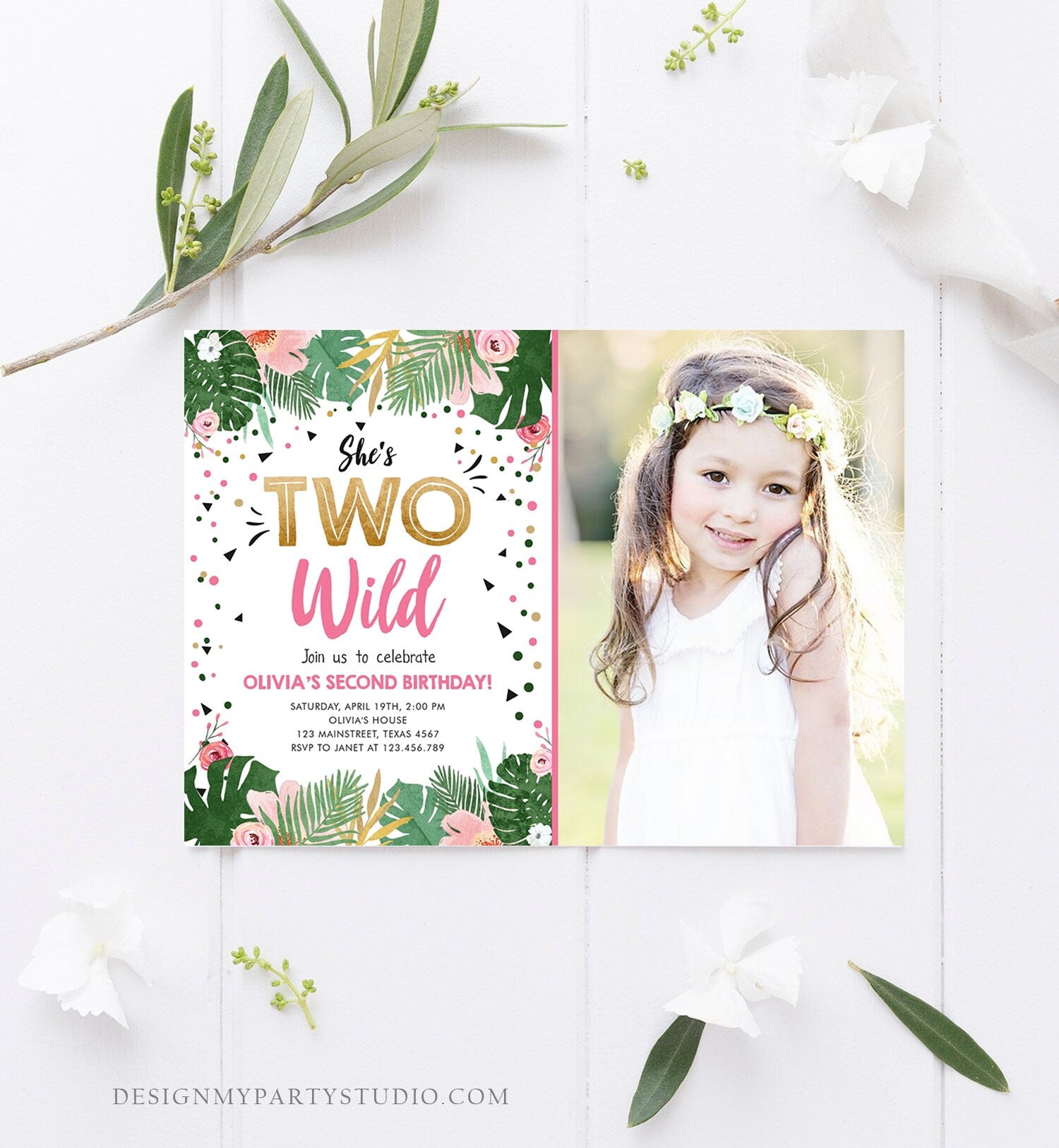 Editable Two Wild Birthday Invitation Girl Tropical Safari Pink Gold Jungle Second Birthday 2nd Download Corjl Template Printable 0332