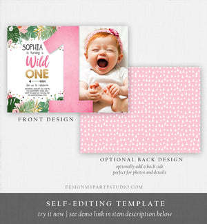 Editable Wild One Birthday Invitation Girl Tropical Safari Jungle Zoo Party Leaves Pink Gold First Birthday 1st Download Corjl Template 0332
