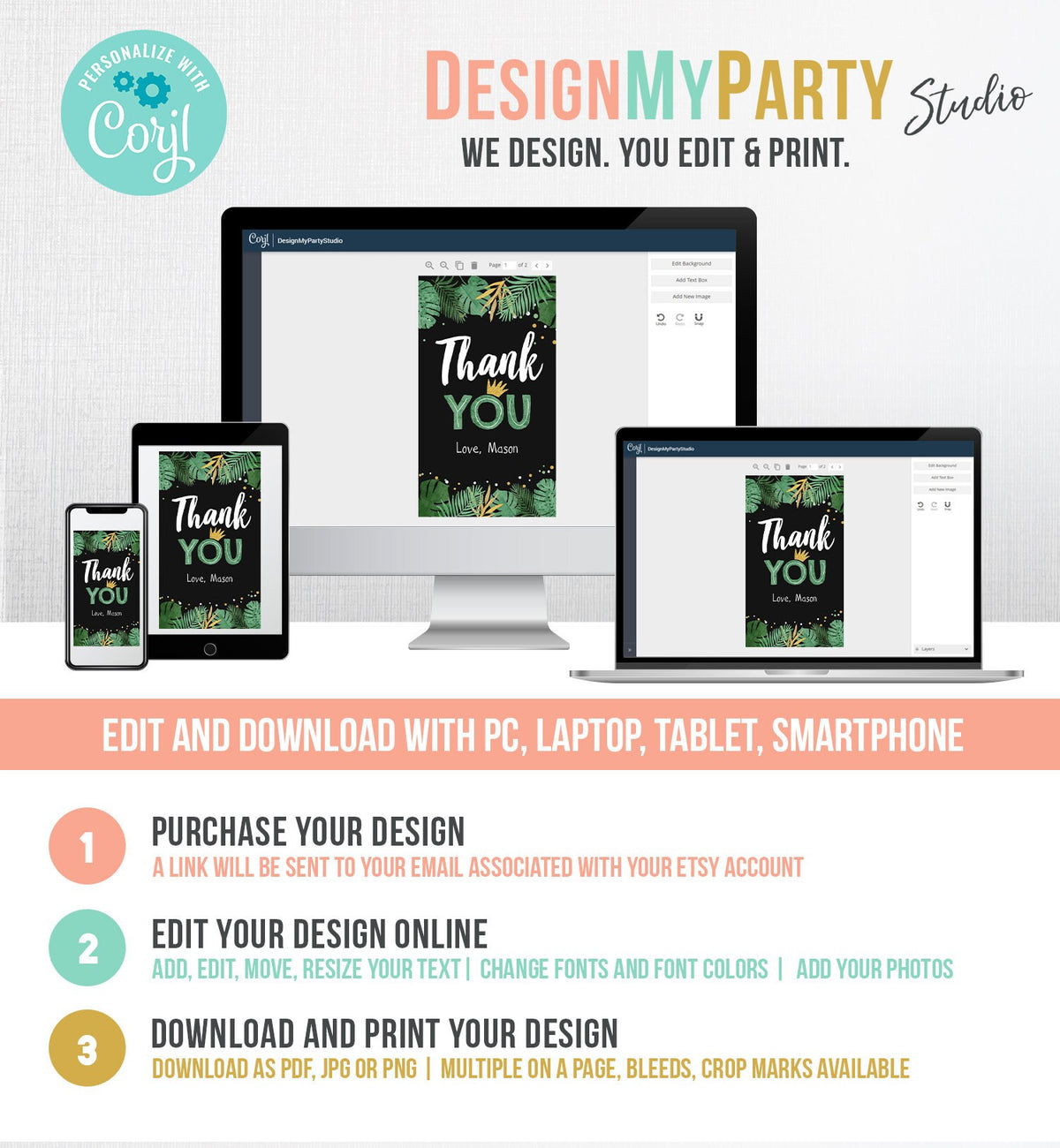 Editable Tropical Safari Favor Tags Thank You Wild One Label Jungle Zoo Wild Things Boy Green Gold Gift Tag Download Corjl Template 0332