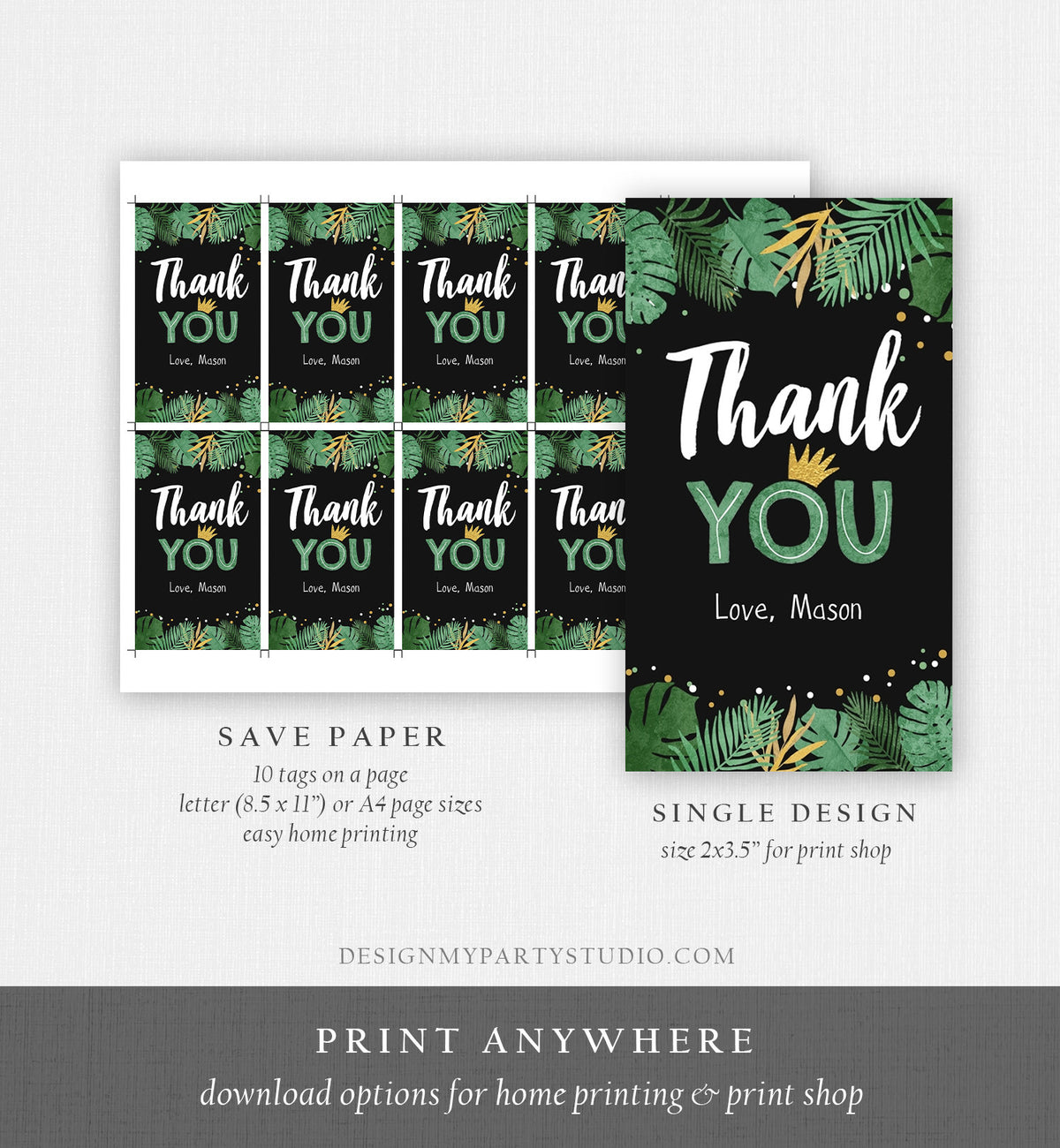 Editable Tropical Safari Favor Tags Thank You Wild One Label Jungle Zoo Wild Things Boy Green Gold Gift Tag Download Corjl Template 0332