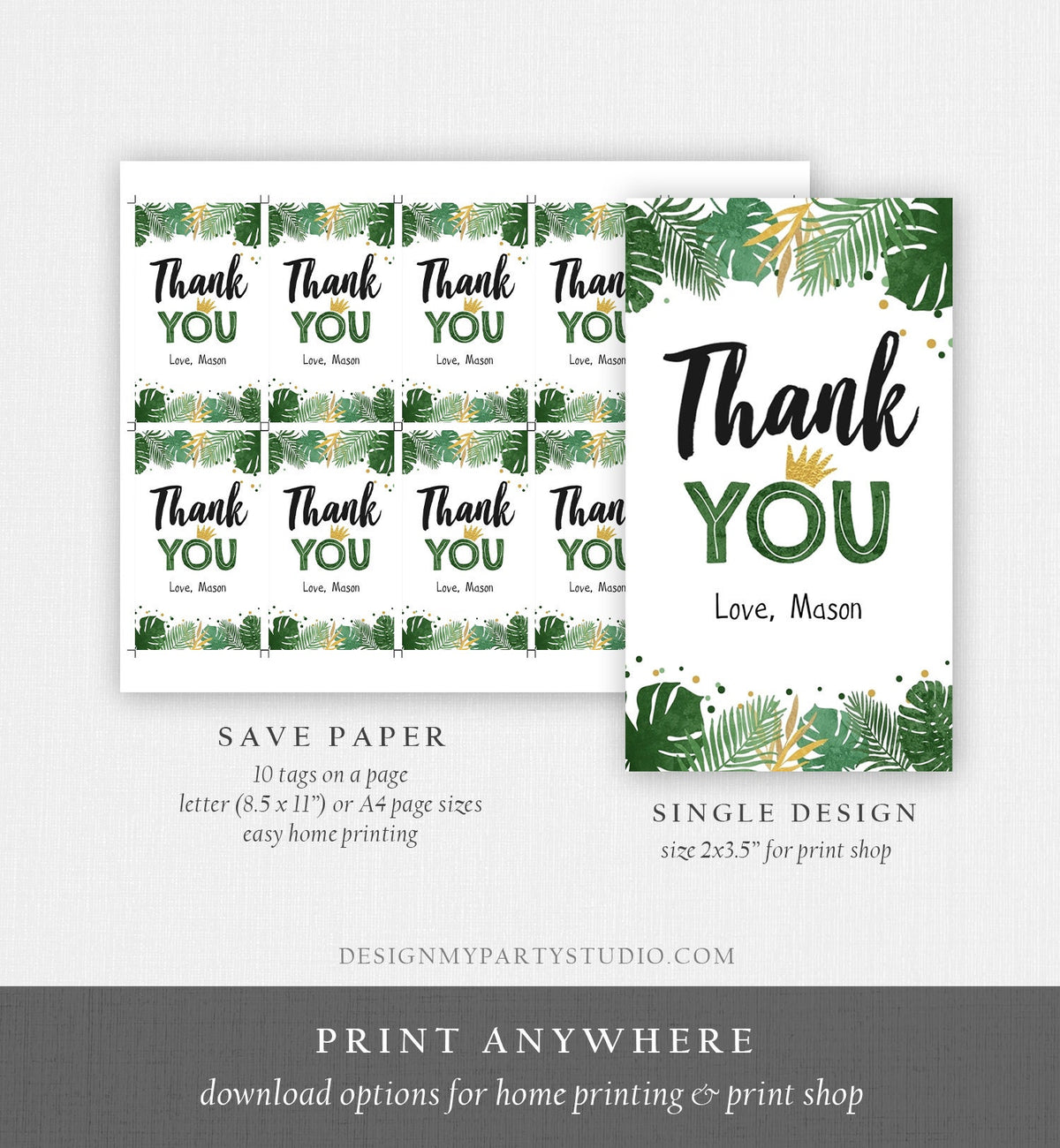 Editable Tropical Safari Favor Tags Thank You Wild One Label Jungle Zoo Wild Things Boy Green Gold Gift Tag Download Corjl Template 0332