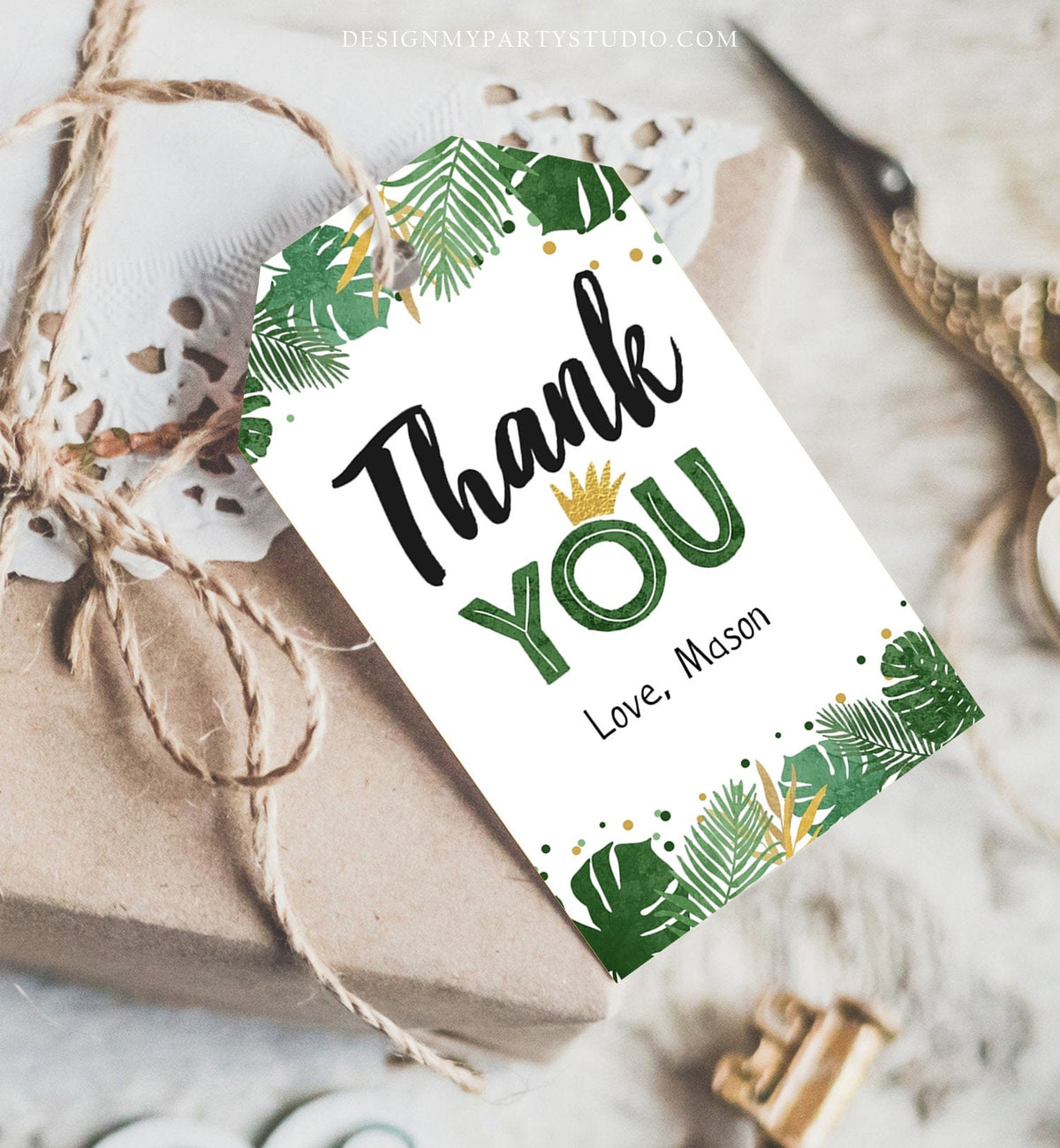 Editable Tropical Safari Favor Tags Thank You Wild One Label Jungle Zoo Wild Things Boy Green Gold Gift Tag Download Corjl Template 0332