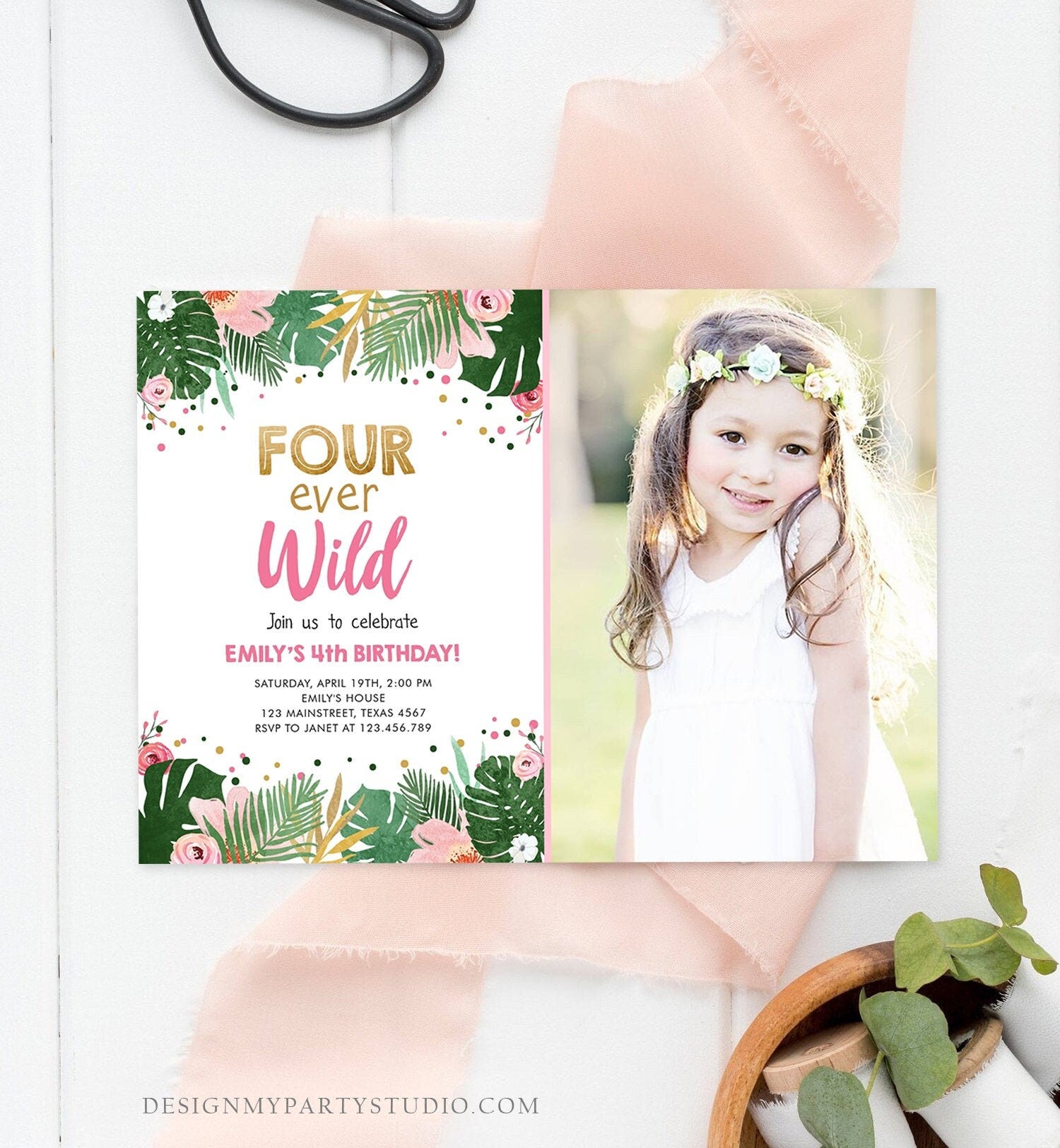 Editable Fourever Wild Birthday Invitation Tropical Safari Zoo Jungle Pink Gold Girl Fourth Birthday 4th Four Ever Wild Corjl Template 0332