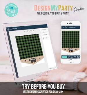 Editable Lumberjack First Birthday Banner Monthly Photo Banner Bear Green Buffalo Plaid Party Decor Download Corjl Template Printable 0026