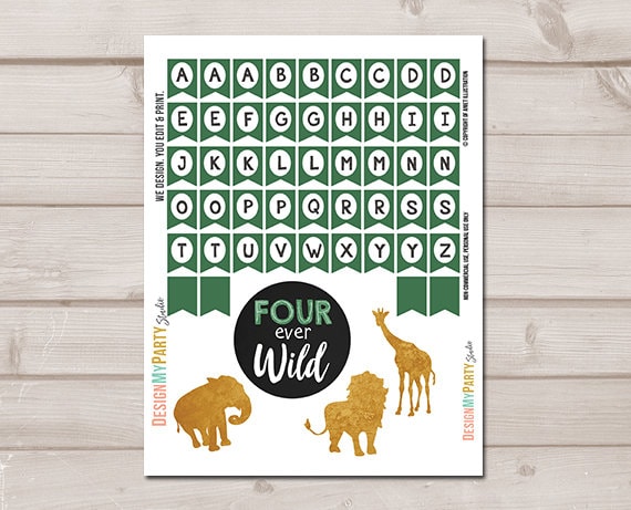 Four Ever Wild Cake Topper 4th Birthday Safari Animals Name Banner Black and Gold Jungle Birthday Zoo party decor PRINTABLE Digital 0016