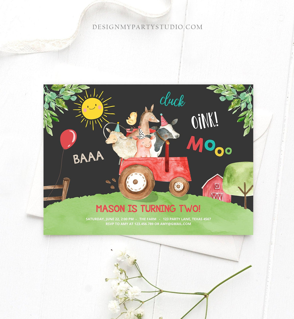 Editable Farm Birthday Invitation Boy Farm Animals Red Tractor Leaves Barnyard Party Cow Pig Download Printable Template Digital Corjl 0155