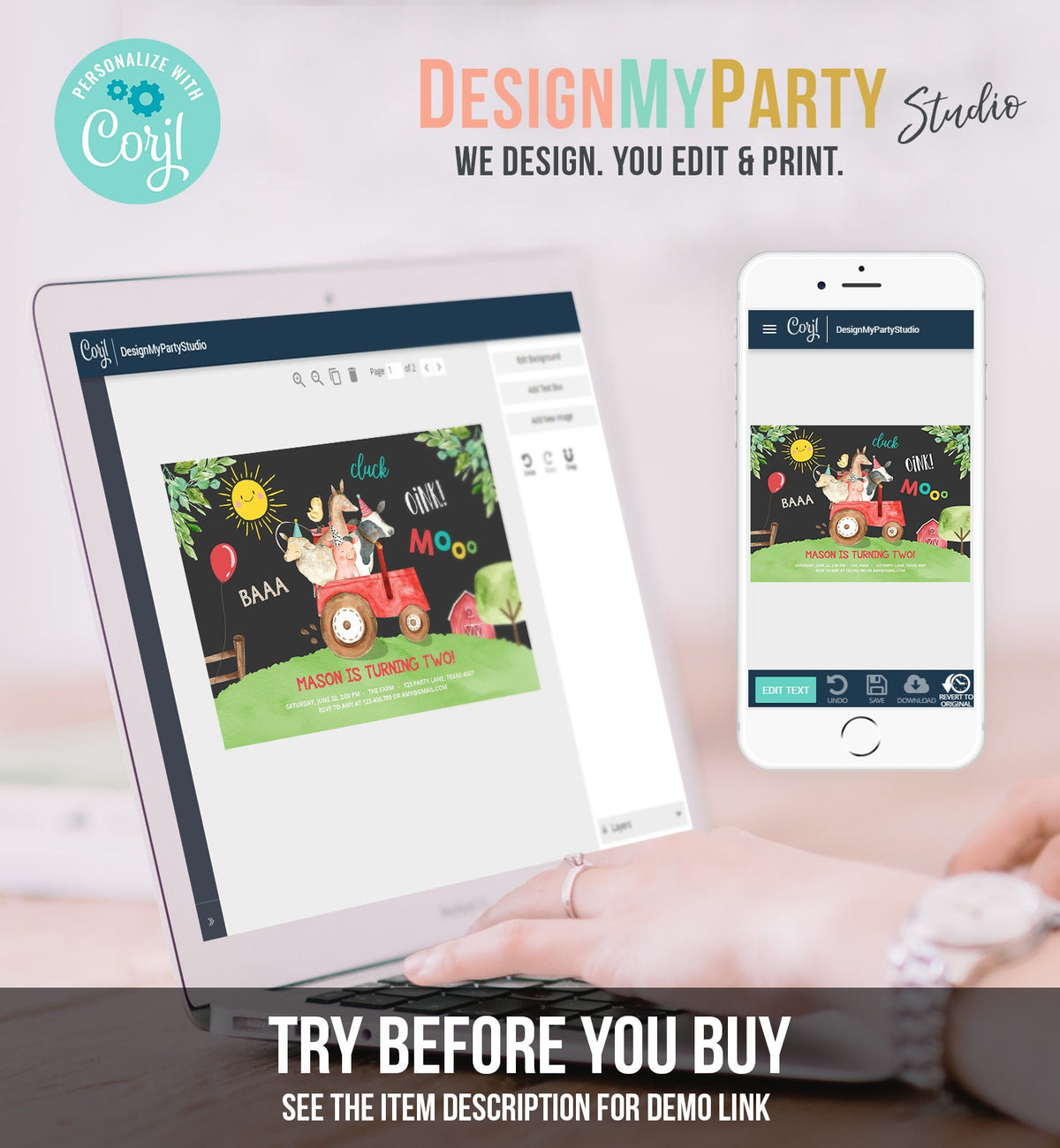 Editable Farm Birthday Invitation Boy Farm Animals Red Tractor Leaves Barnyard Party Cow Pig Download Printable Template Digital Corjl 0155