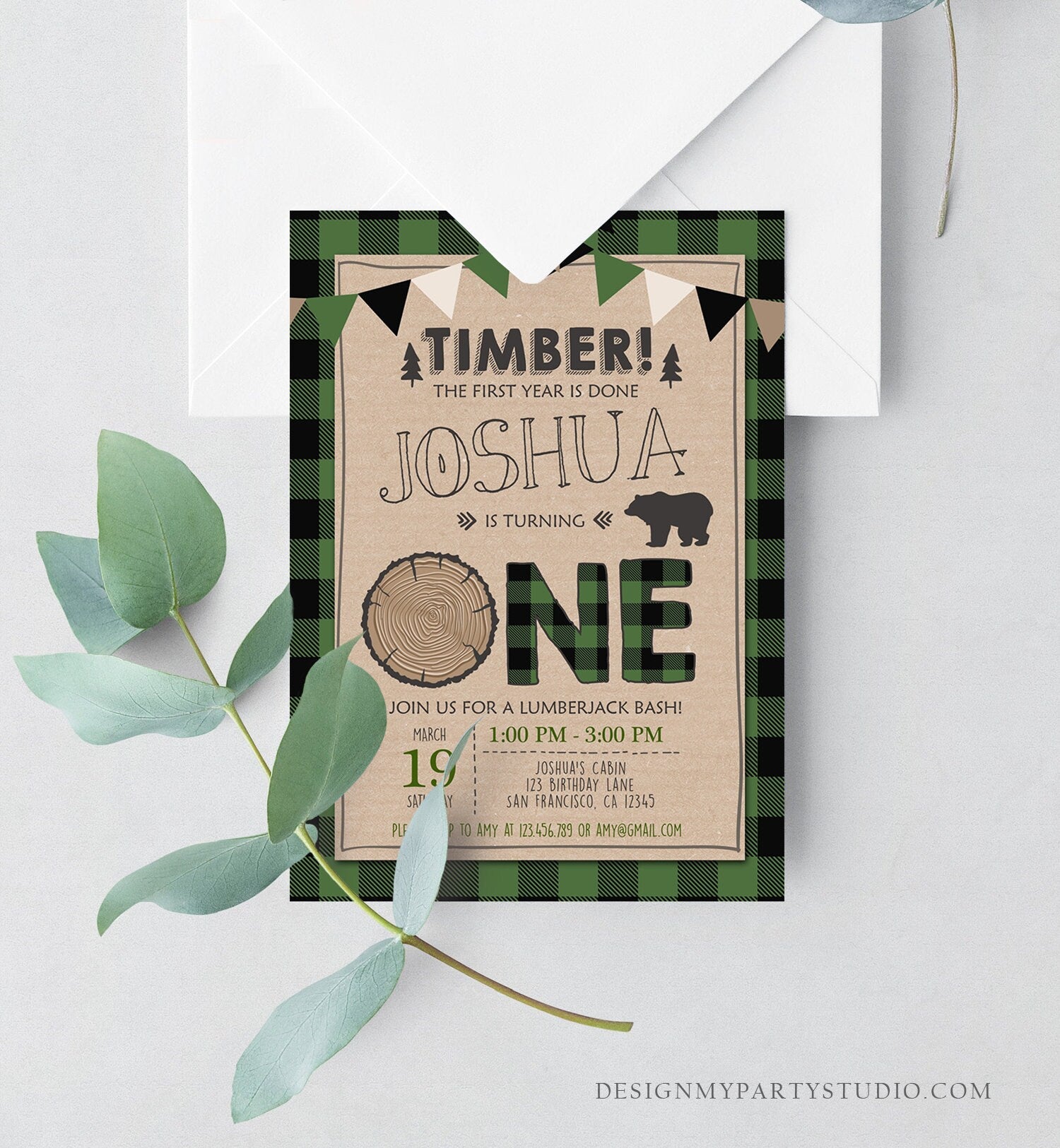 Editable Lumberjack Birthday Invitation Rustic Woodland Birthday Bear Forest Green Plaid Instant Download Printable Template Corjl 0026