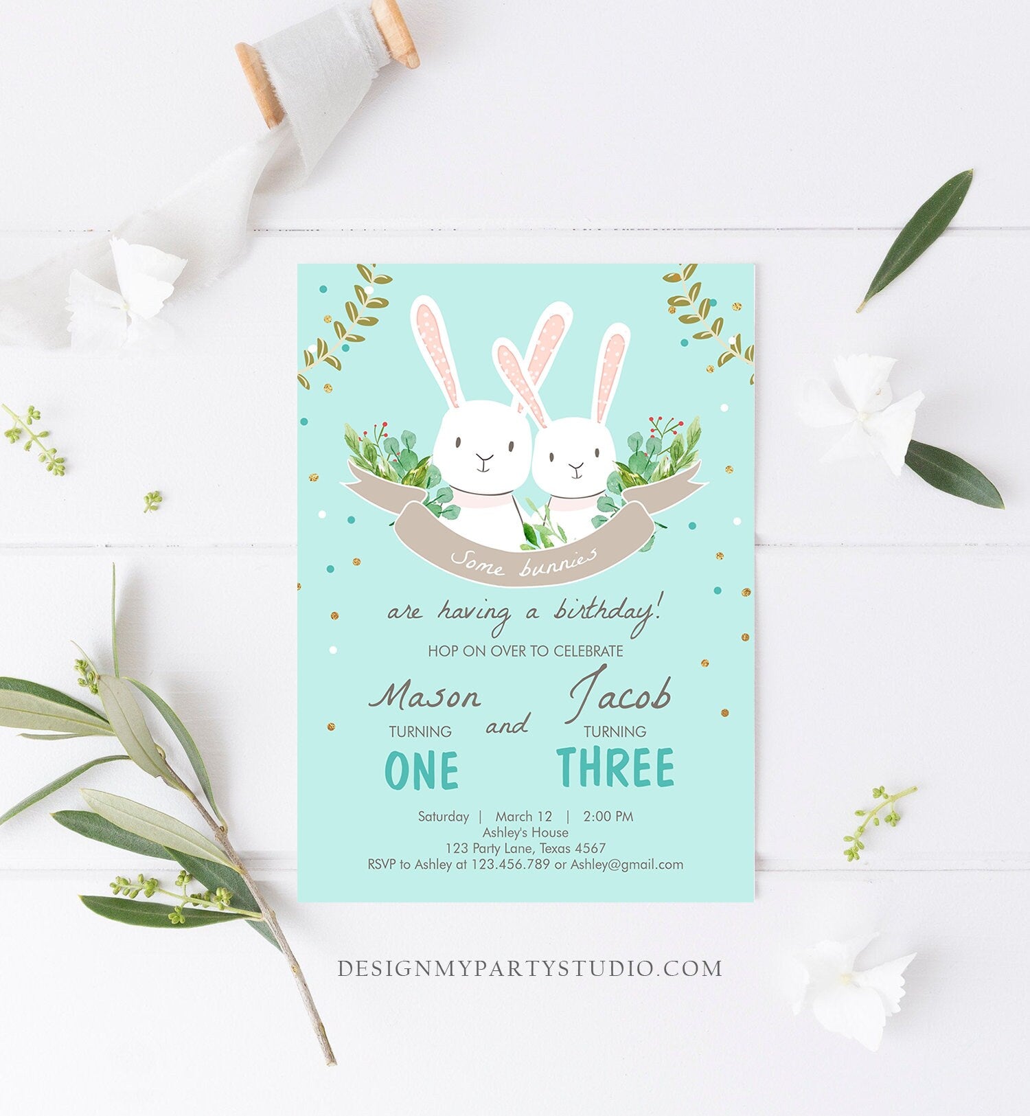 Editable Bunny Birthday Invitation Twins Birthday Blue Twin Boys Birthday Brothers Bunnies Printable Template Download Corjl Digital 0104