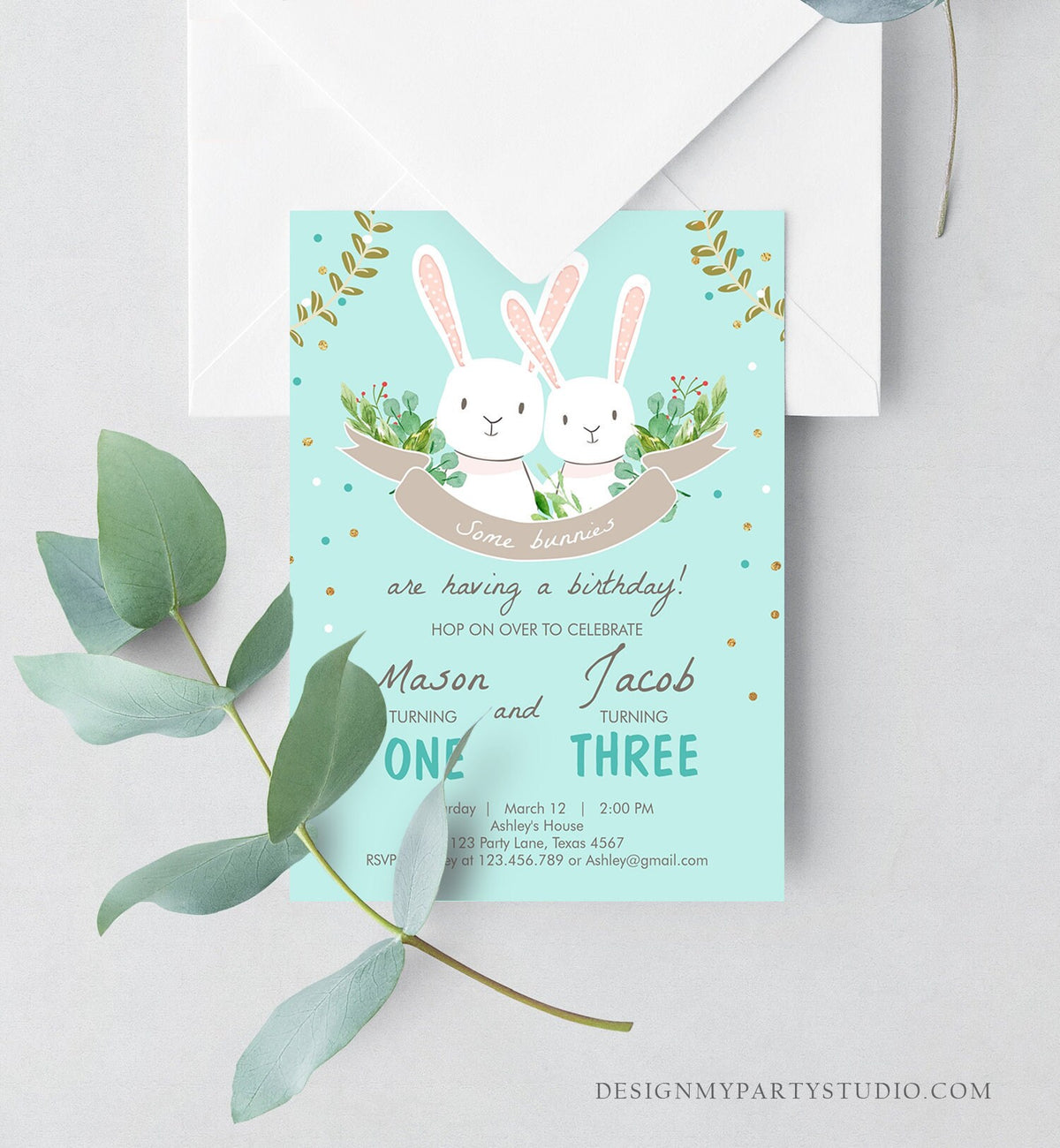 Editable Bunny Birthday Invitation Twins Birthday Blue Twin Boys Birthday Brothers Bunnies Printable Template Download Corjl Digital 0104