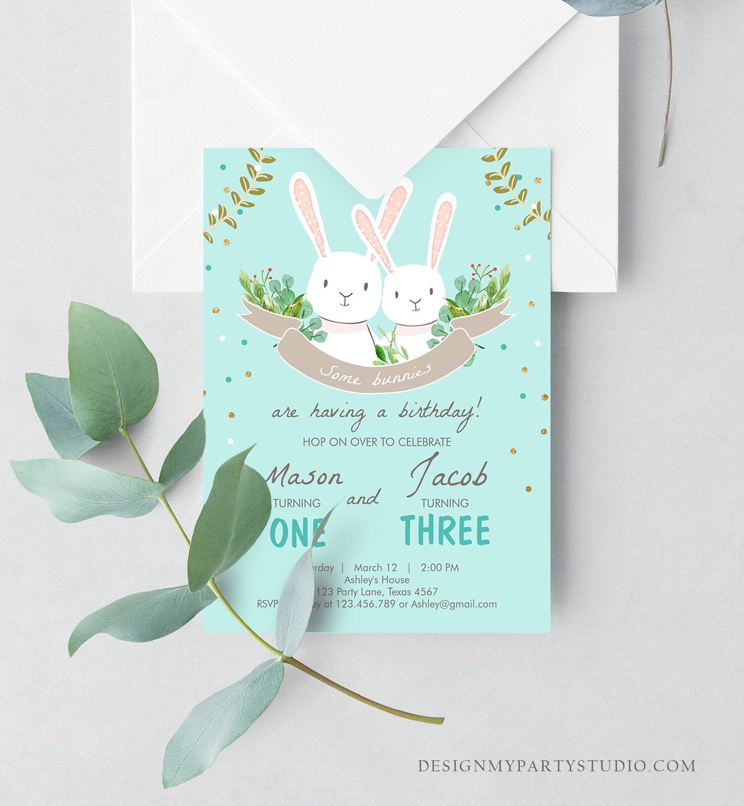 Editable Bunny Birthday Invitation Twins Birthday Blue Twin Boys Birthday Brothers Bunnies Printable Template Download Corjl Digital 0104