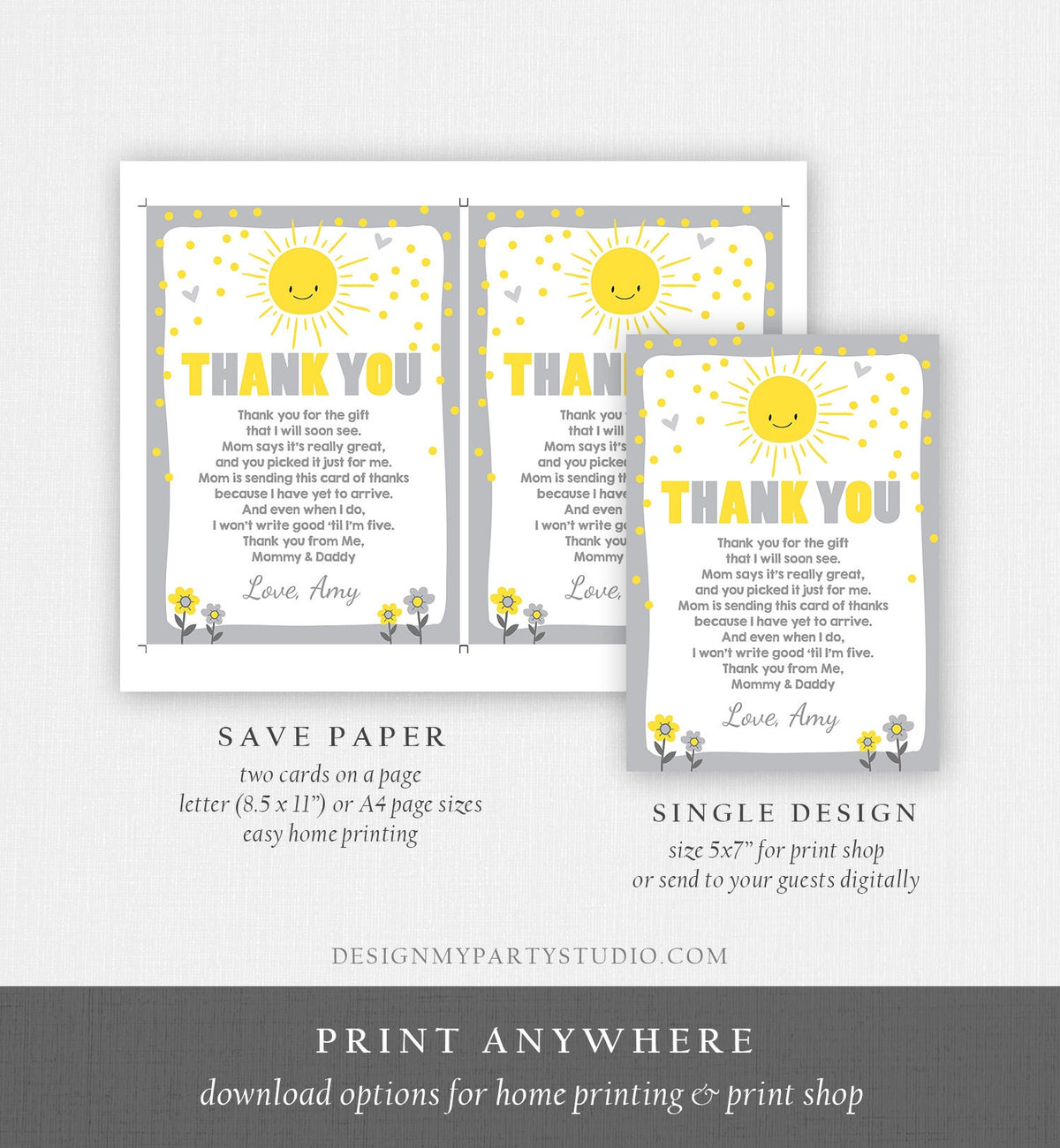 Editable Baby Shower Thank You Card Sunshine Thank You Note Gender Neutral Sunshine Birthday Summer Template Download Digital Corjl 0070