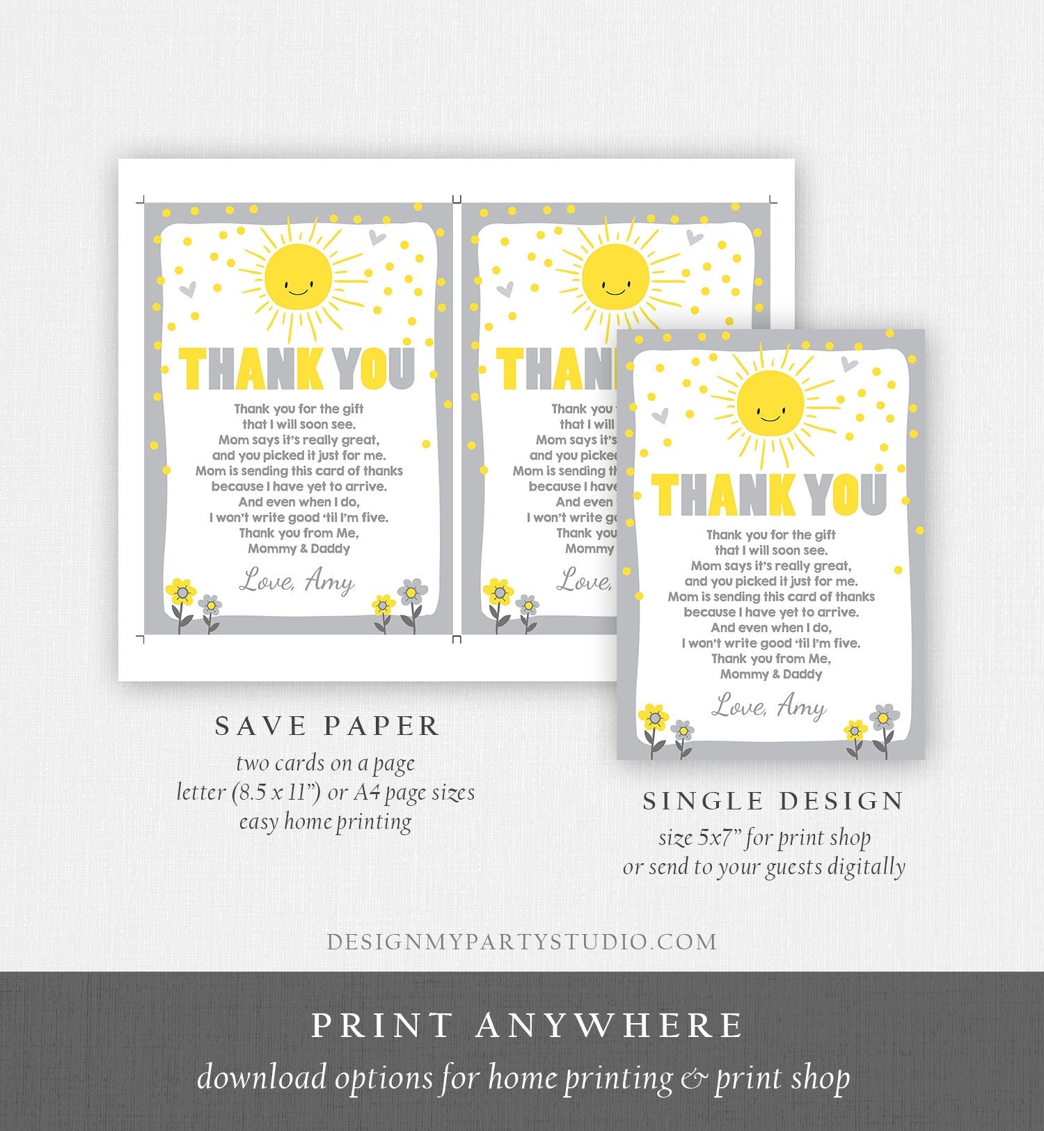Editable Baby Shower Thank You Card Sunshine Thank You Note Gender Neutral Sunshine Birthday Summer Template Download Digital Corjl 0070